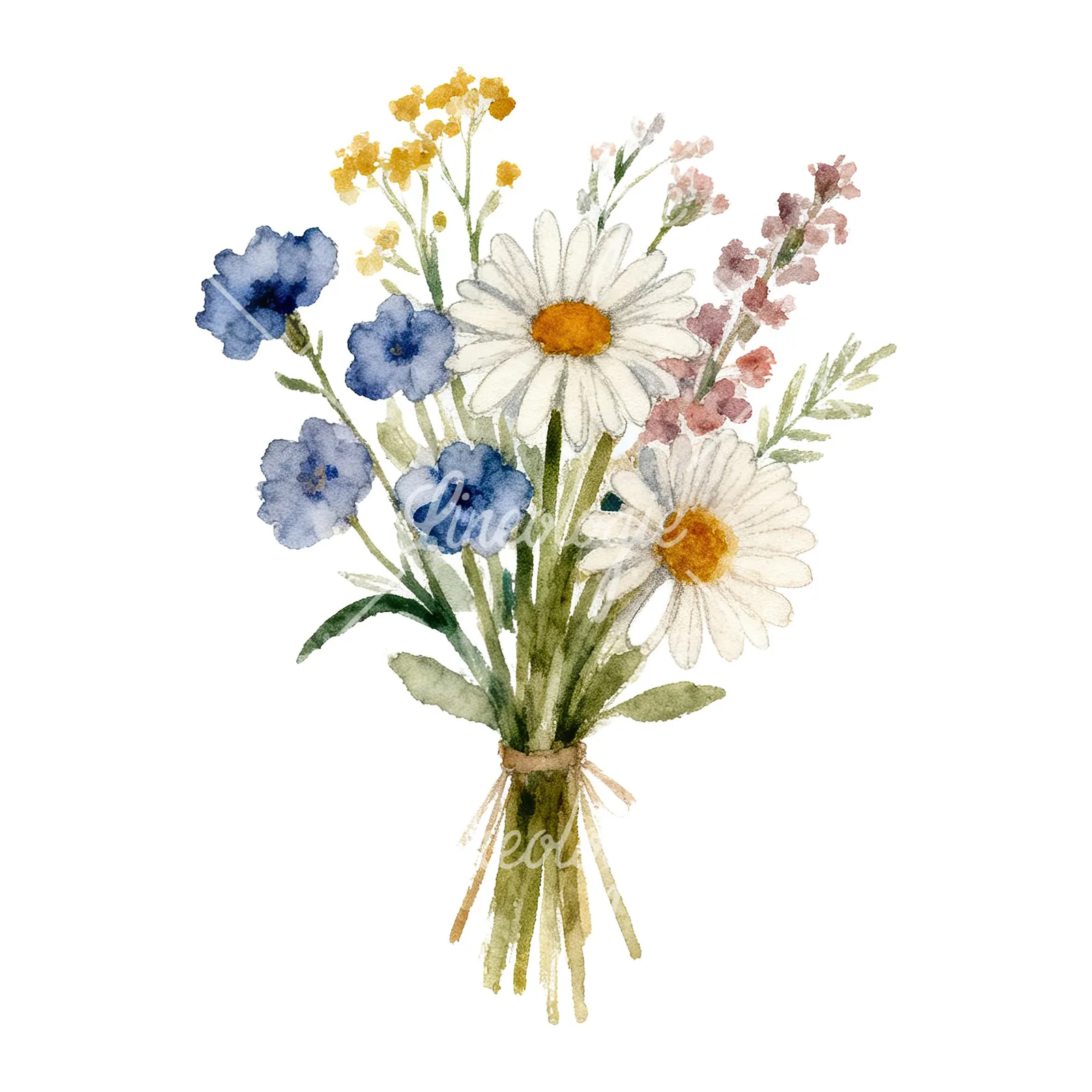 Watercolor summer meadow bouquet with cornflowers clipart 5 of 9 on a white background (JPG)