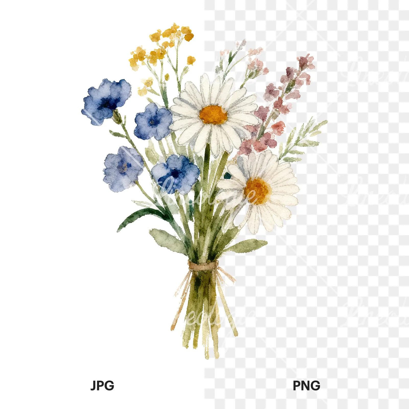 Watercolor summer meadow bouquet with cornflowers clipart 5 of 9, as a JPG on white and a transparent PNG
