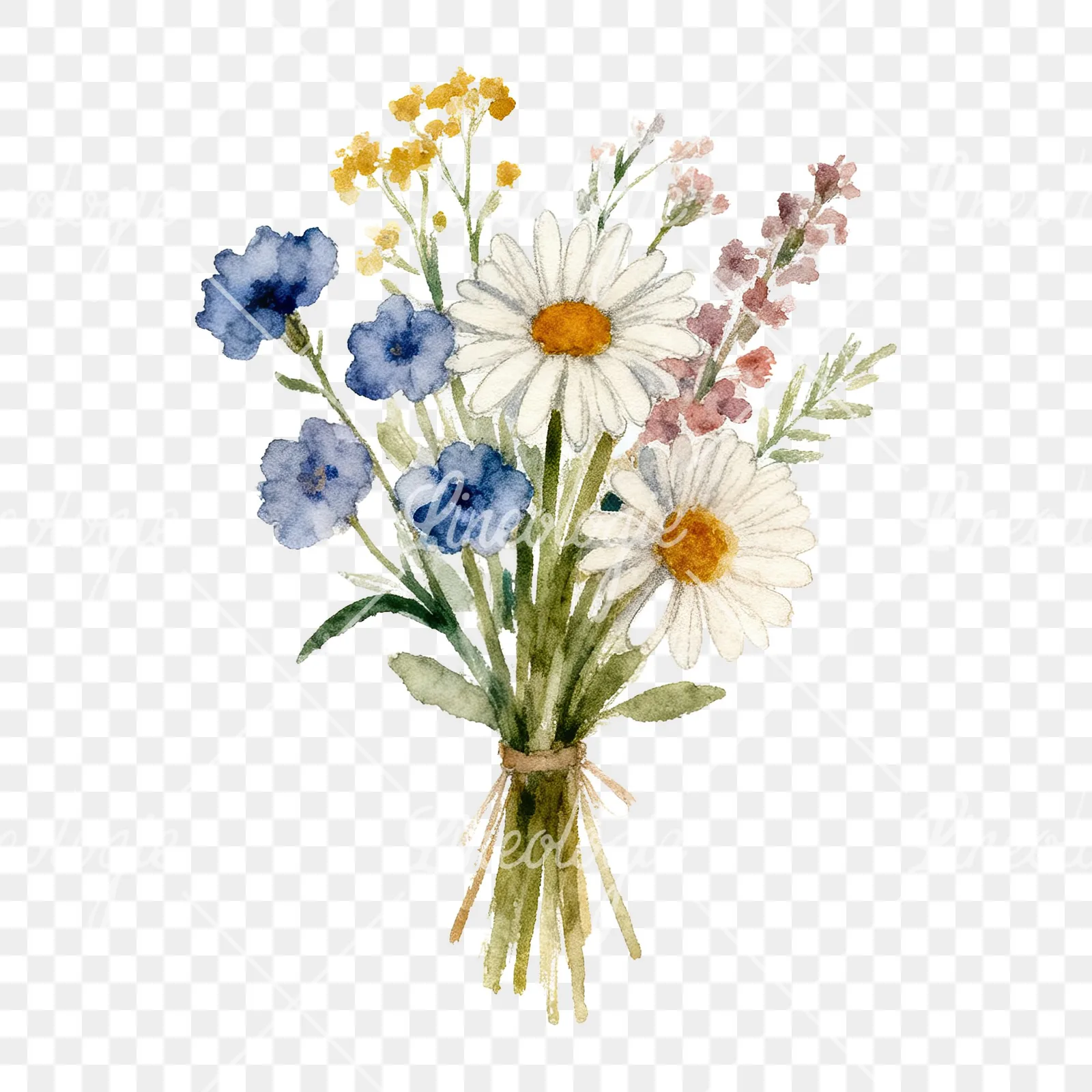 Watercolor summer meadow bouquet with cornflowers clipart 5 of 9 on a transparent background (PNG)