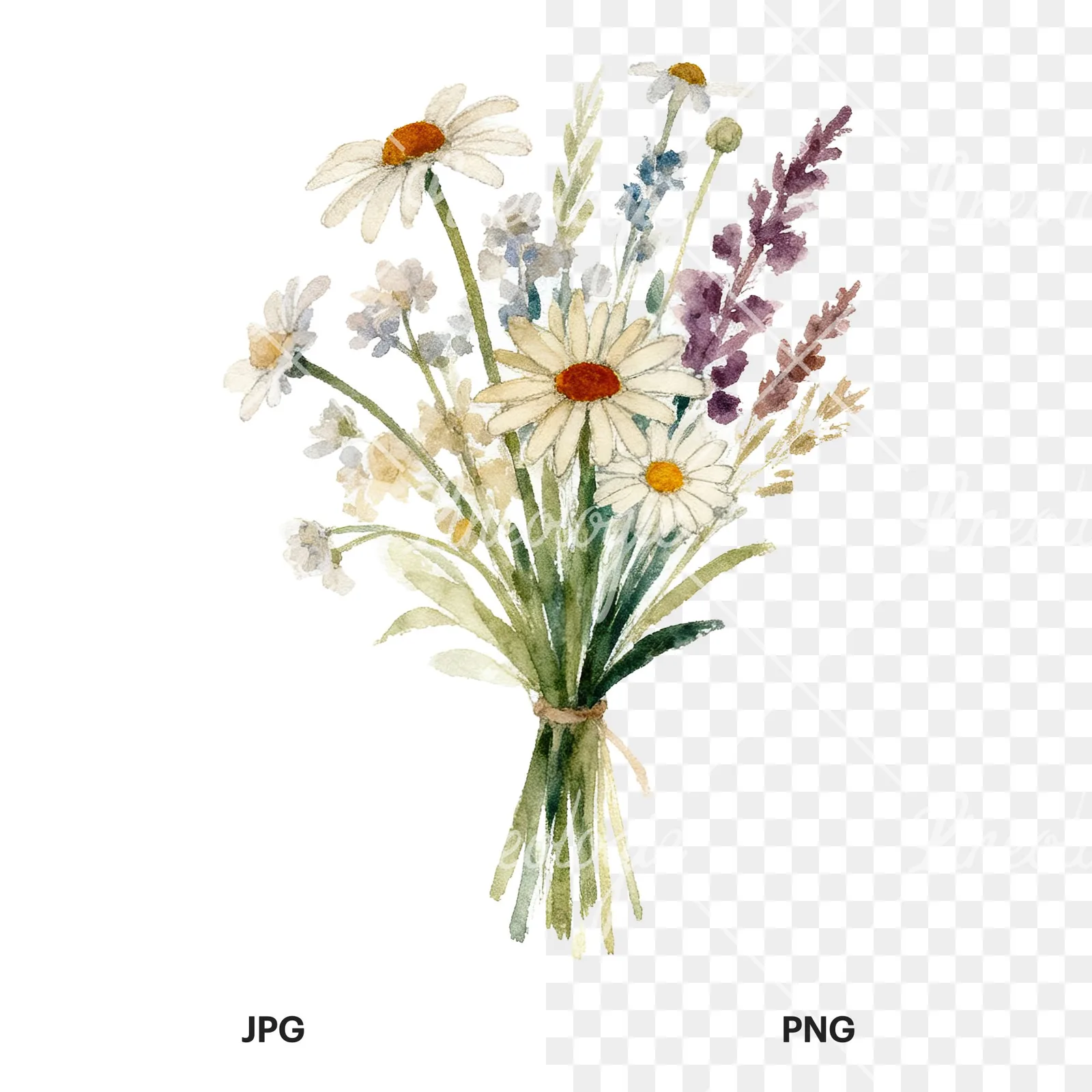 Watercolor summer meadow bouquet with cornflowers clipart 6 of 9, as a JPG on white and a transparent PNG