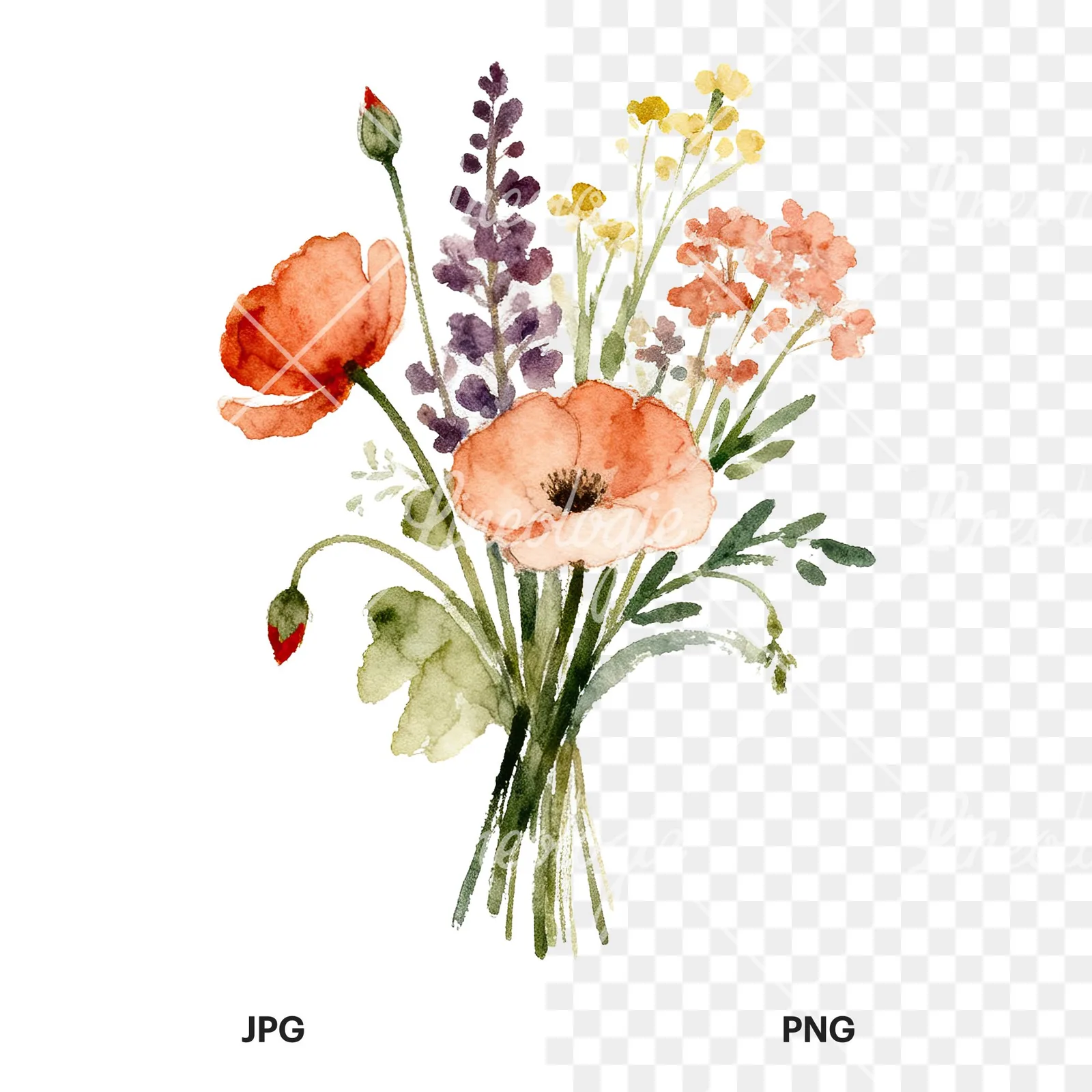 Watercolor summer meadow bouquet with cornflowers clipart 7 of 9, as a JPG on white and a transparent PNG