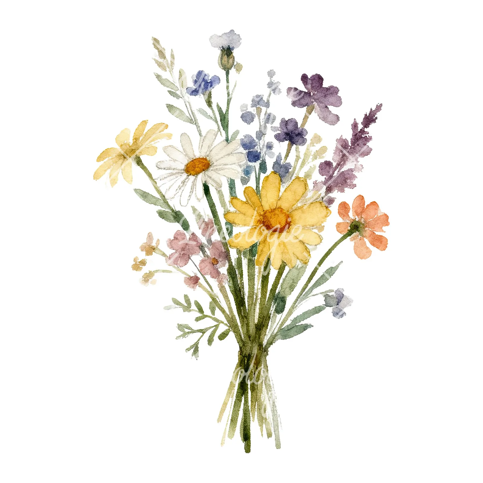 Watercolor summer meadow bouquet with cornflowers clipart 9 of 9 on a white background (JPG)