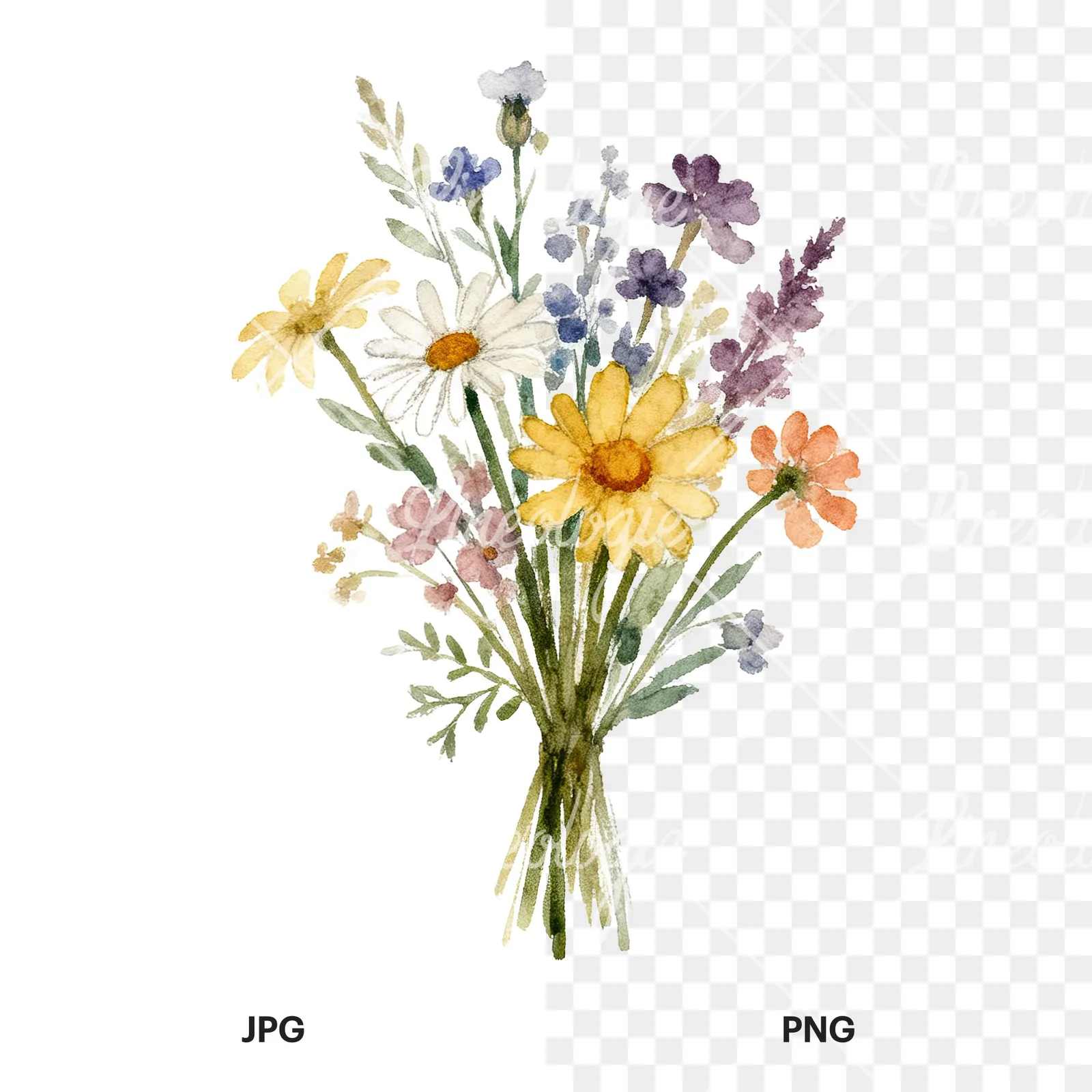 Watercolor summer meadow bouquet with cornflowers clipart 9 of 9, as a JPG on white and a transparent PNG