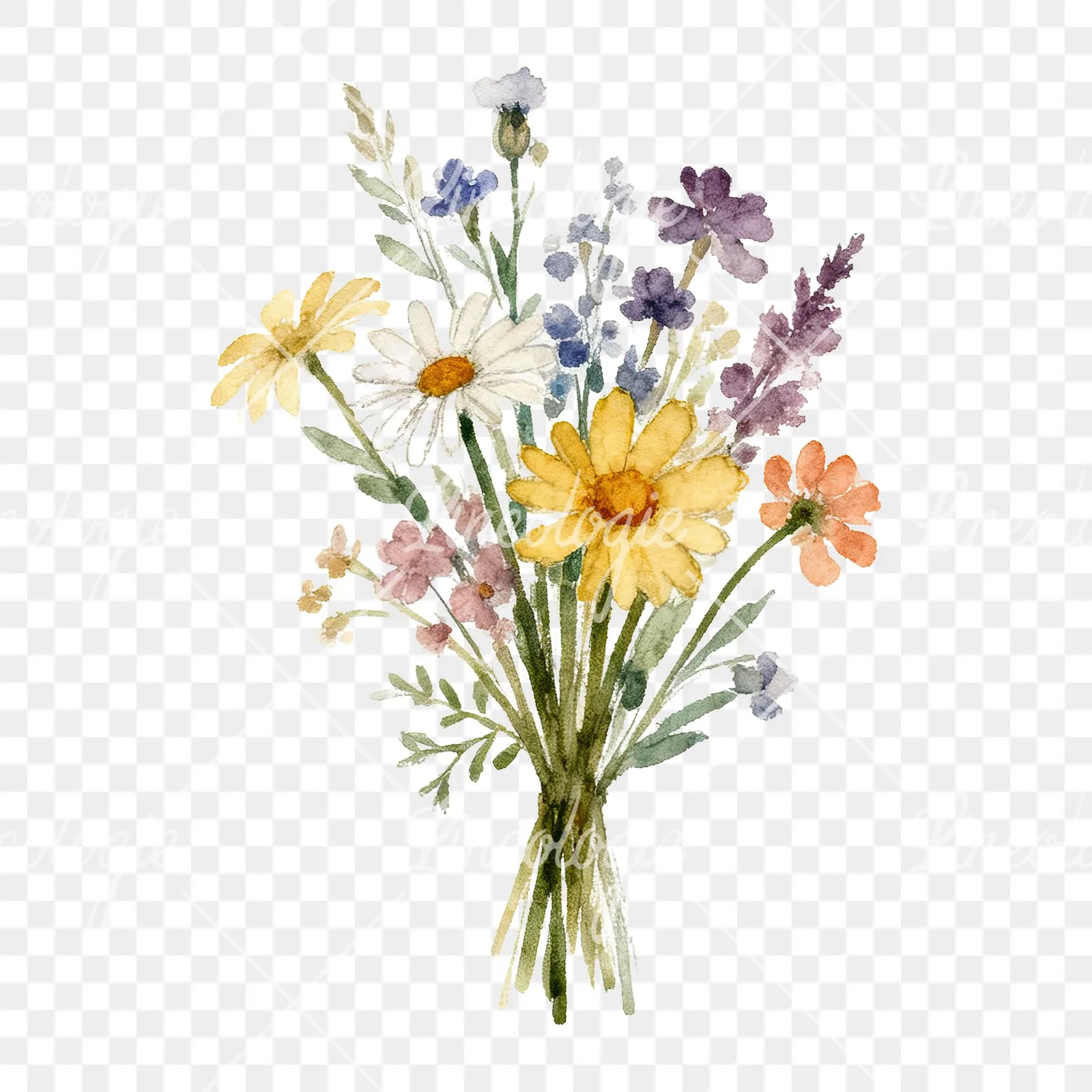 Watercolor summer meadow bouquet with cornflowers clipart 9 of 9 on a transparent background (PNG)