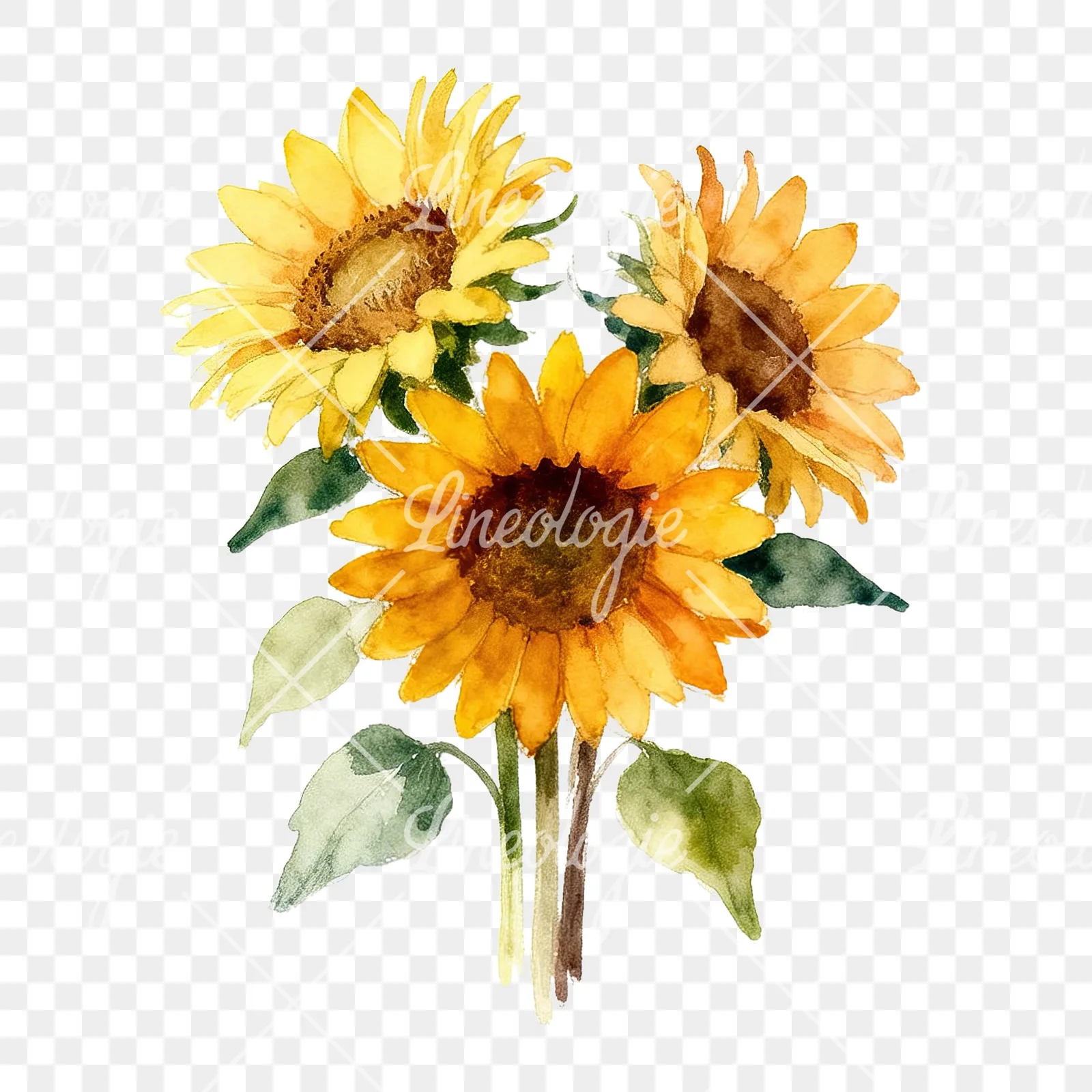 Watercolor sunflower cluster clipart 1 of 9 on a transparent background (PNG)