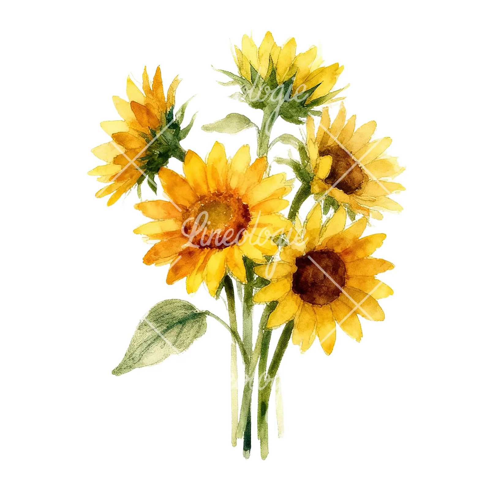 Watercolor sunflower cluster clipart 3 of 9 on a white background (JPG)