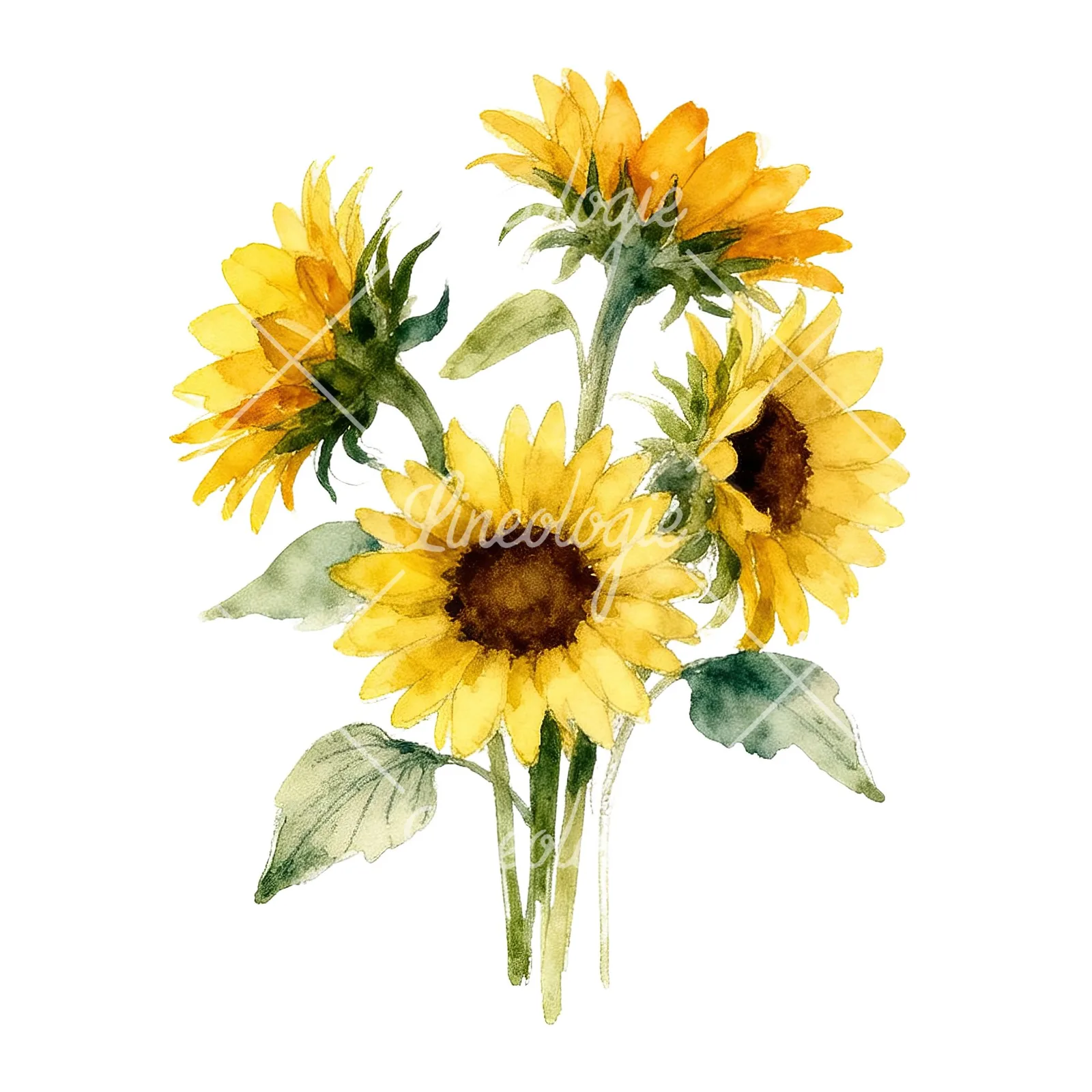 Watercolor sunflower cluster clipart 7 of 9 on a white background (JPG)
