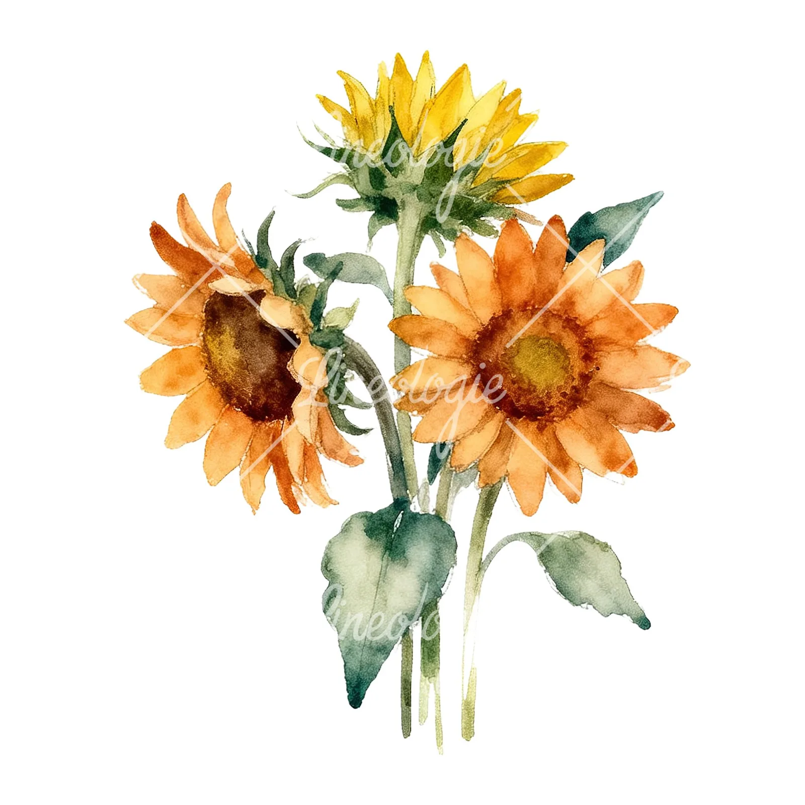 Watercolor sunflower cluster clipart 9 of 9 on a white background (JPG)