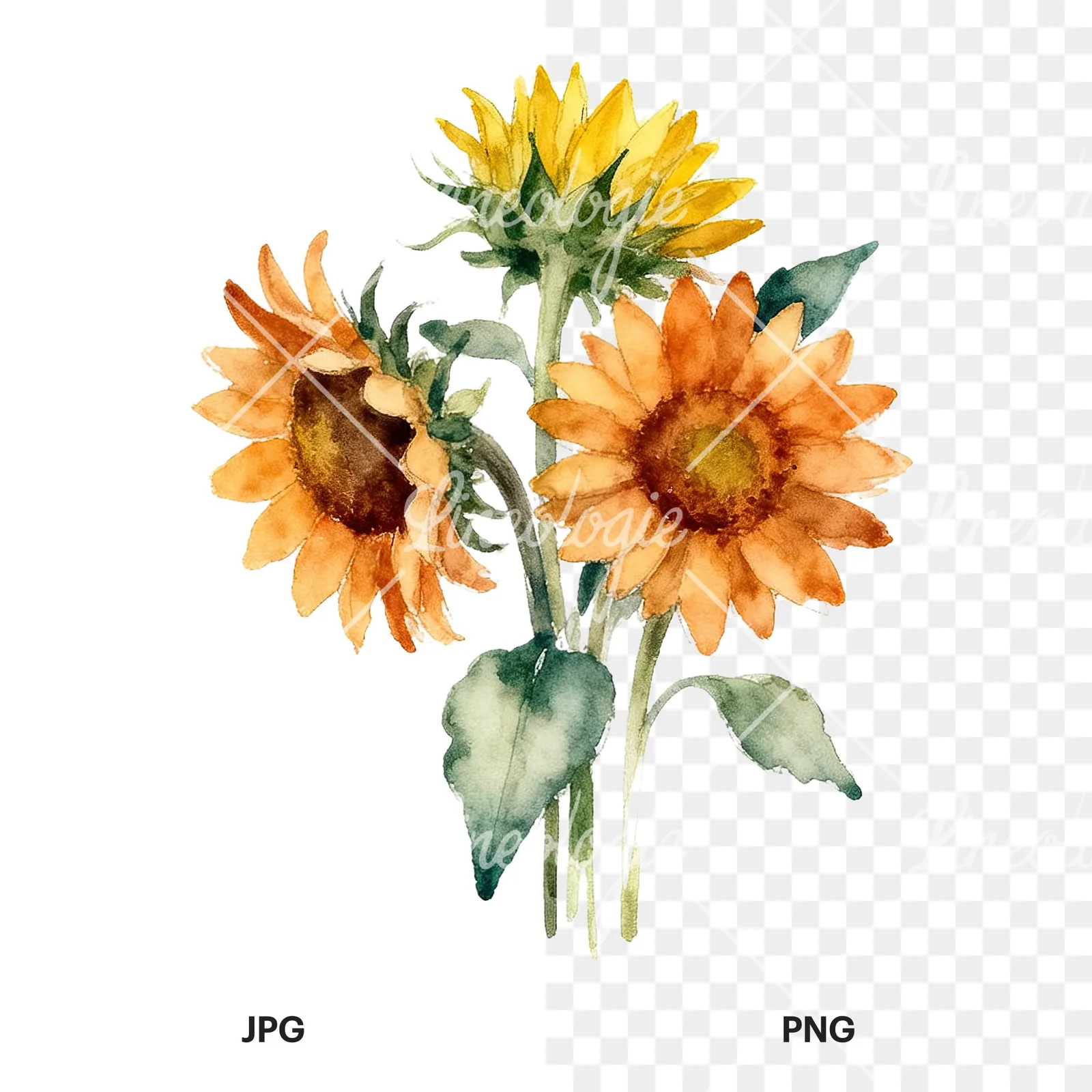 Watercolor sunflower cluster clipart 9 of 9, as a JPG on white and a transparent PNG