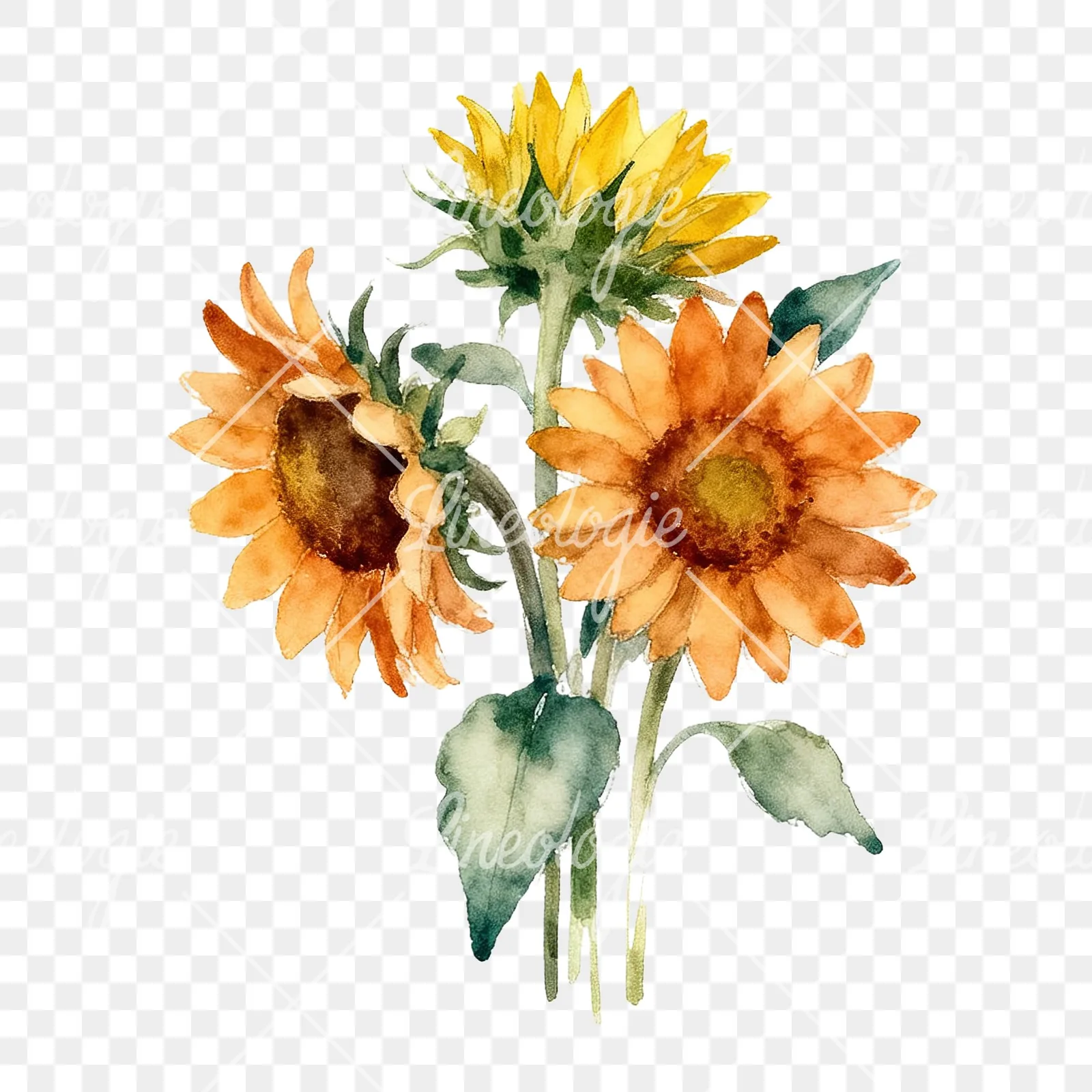 Watercolor sunflower cluster clipart 9 of 9 on a transparent background (PNG)