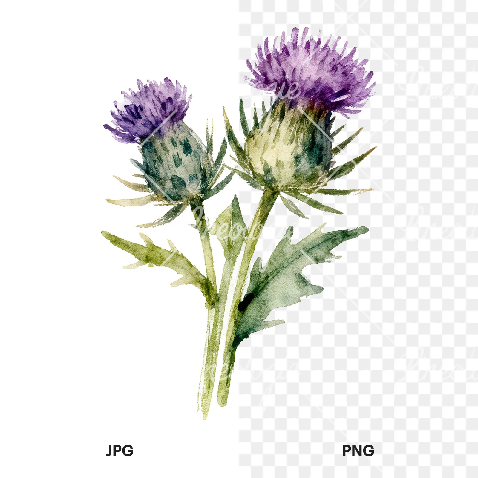 Watercolor thistle bouquet clipart 1 of 9, as a JPG on white and a transparent PNG