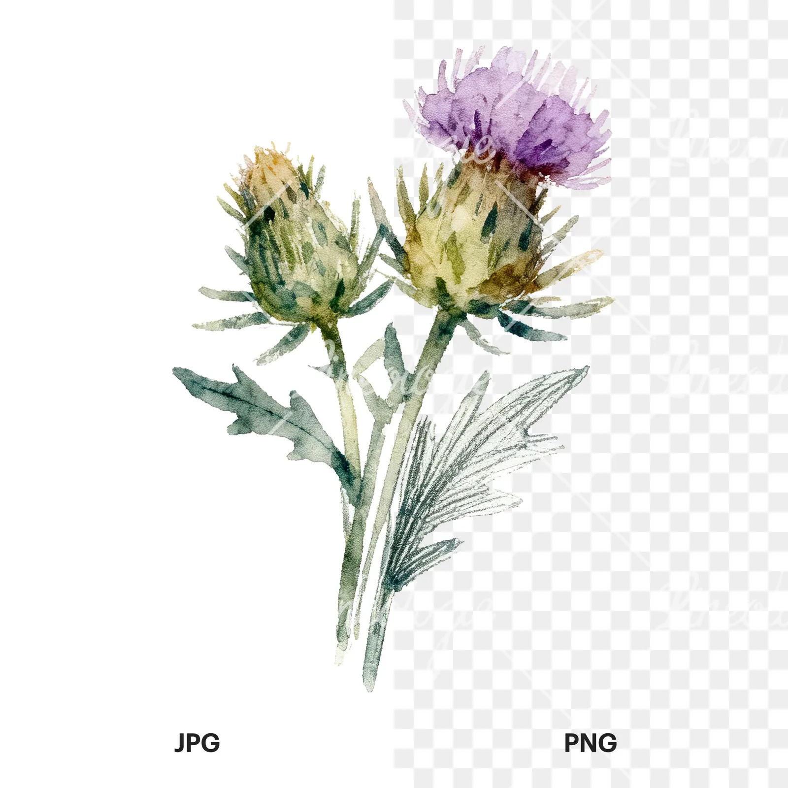 Watercolor thistle bouquet clipart 8 of 9, as a JPG on white and a transparent PNG
