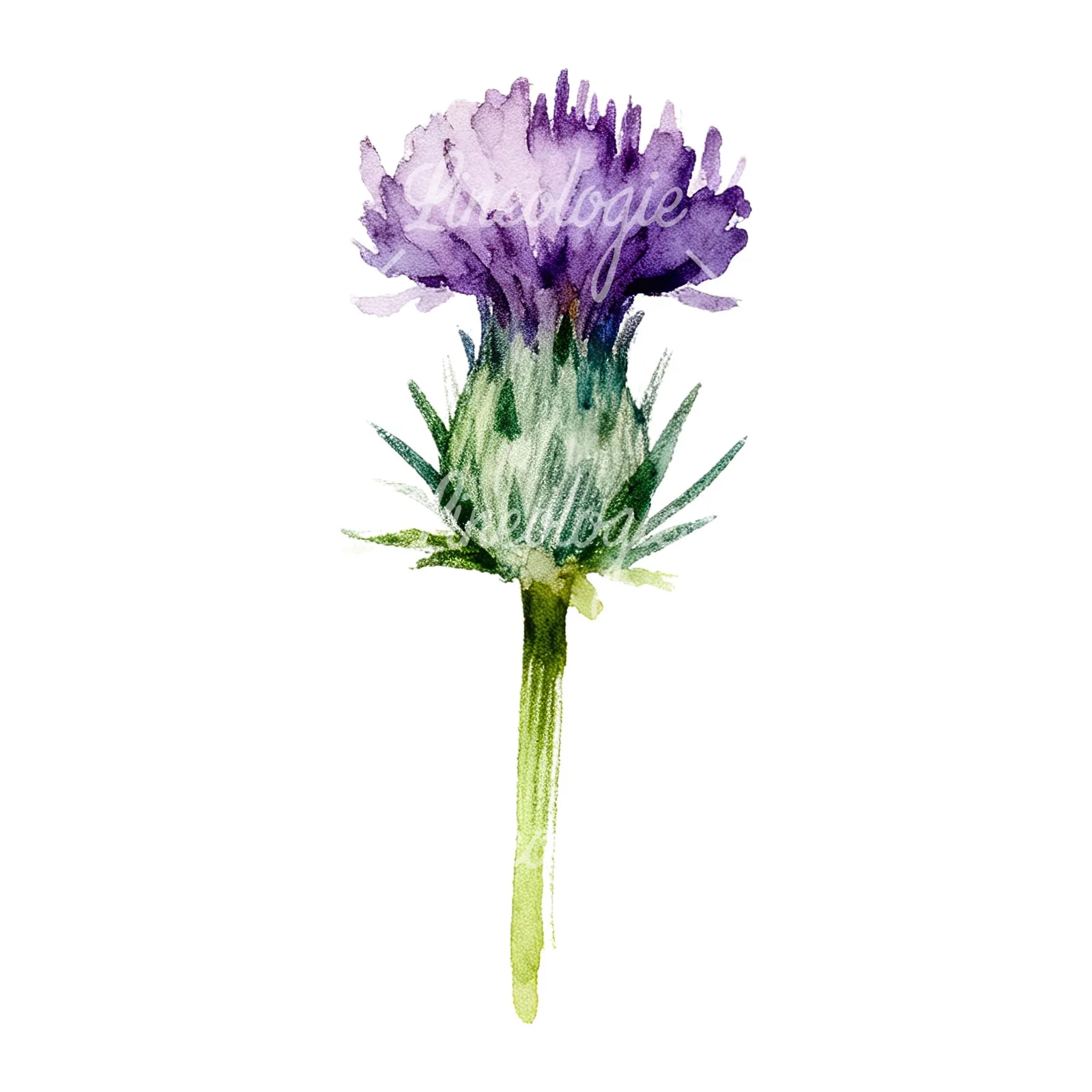 Watercolor thistle flower with spiky base clipart 9 of 9 on a white background (JPG)