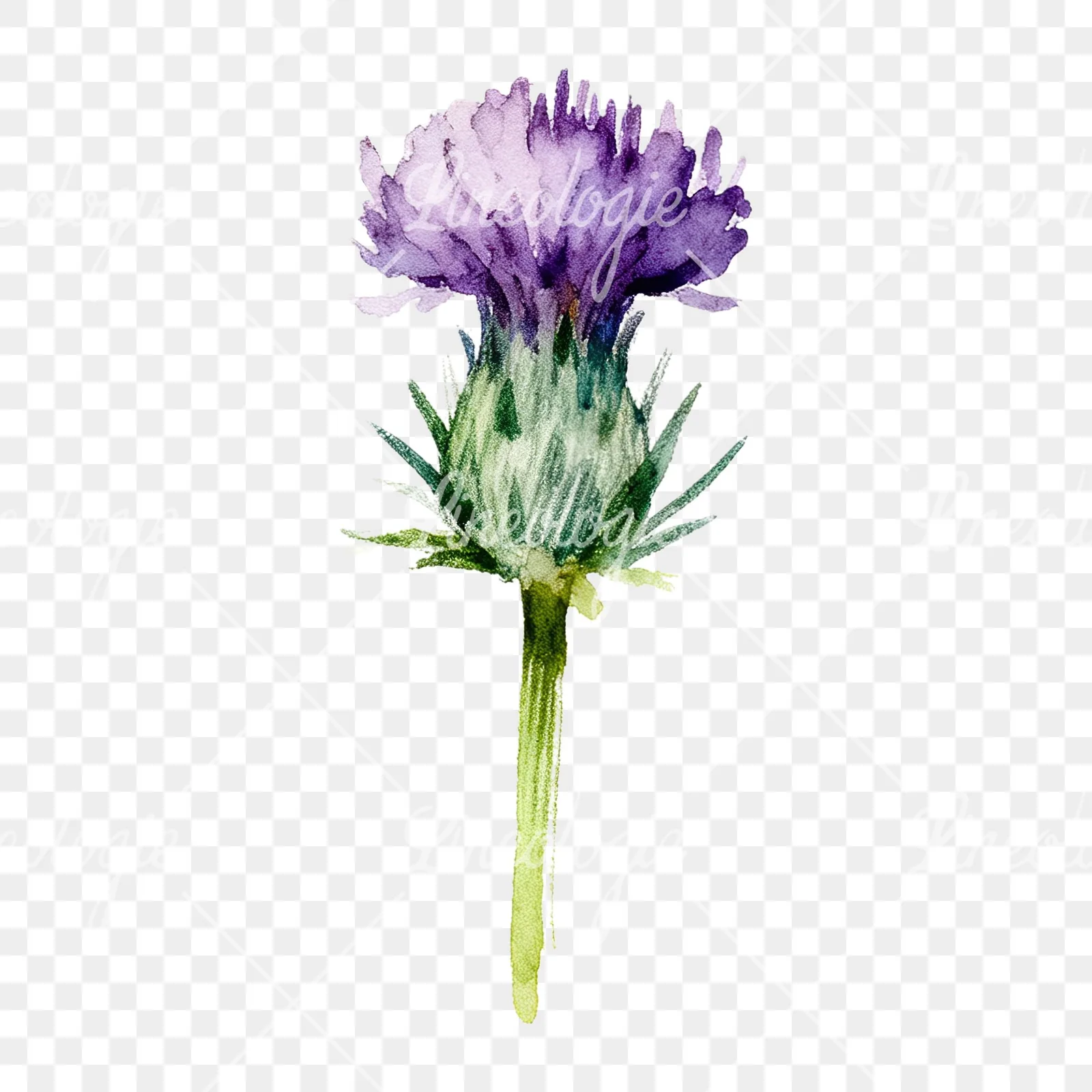 Watercolor thistle flower with spiky base clipart 9 of 9 on a transparent background (PNG)