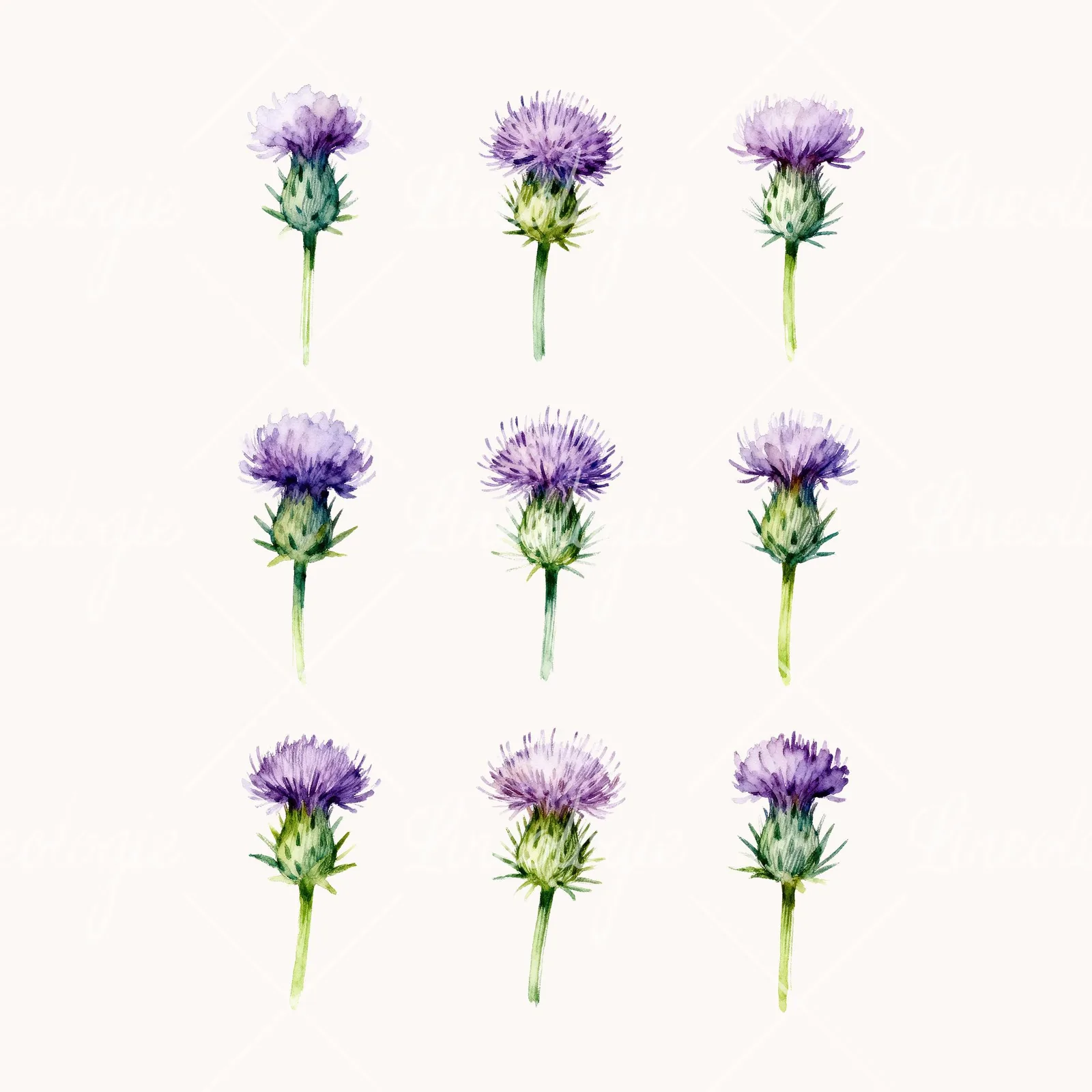 Watercolor Thistle Flower with Spiky Base Clipart, all 9 illustrations in the pack