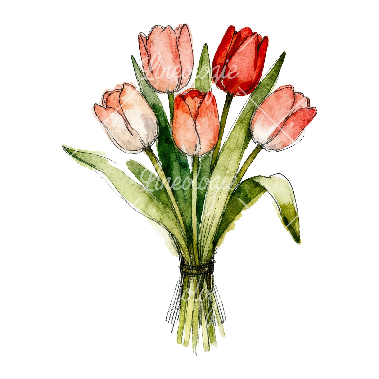 Watercolor red and yellow tulip bouquet clipart 1 of 9 on a white background (JPG)