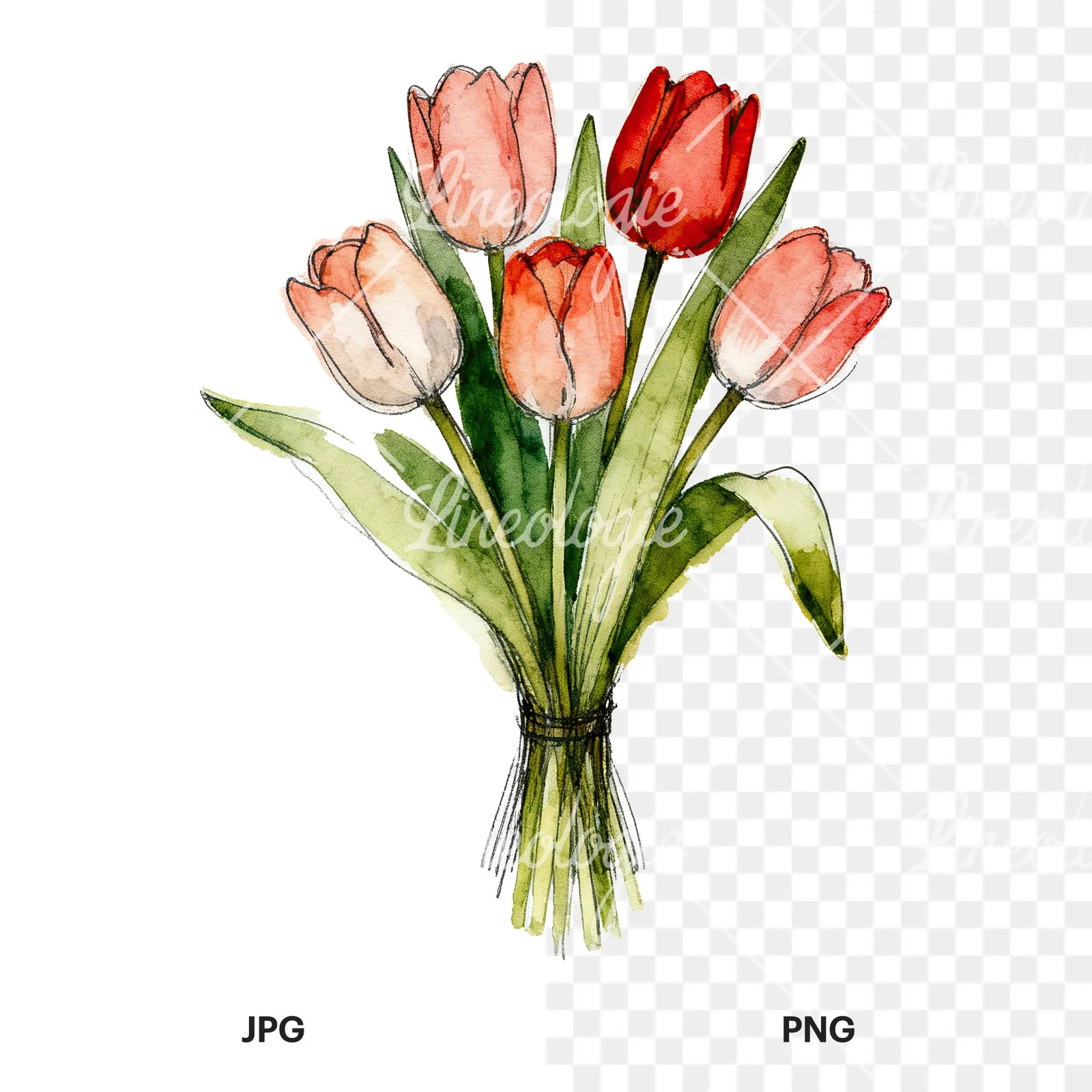 Watercolor red and yellow tulip bouquet clipart 1 of 9, as a JPG on white and a transparent PNG