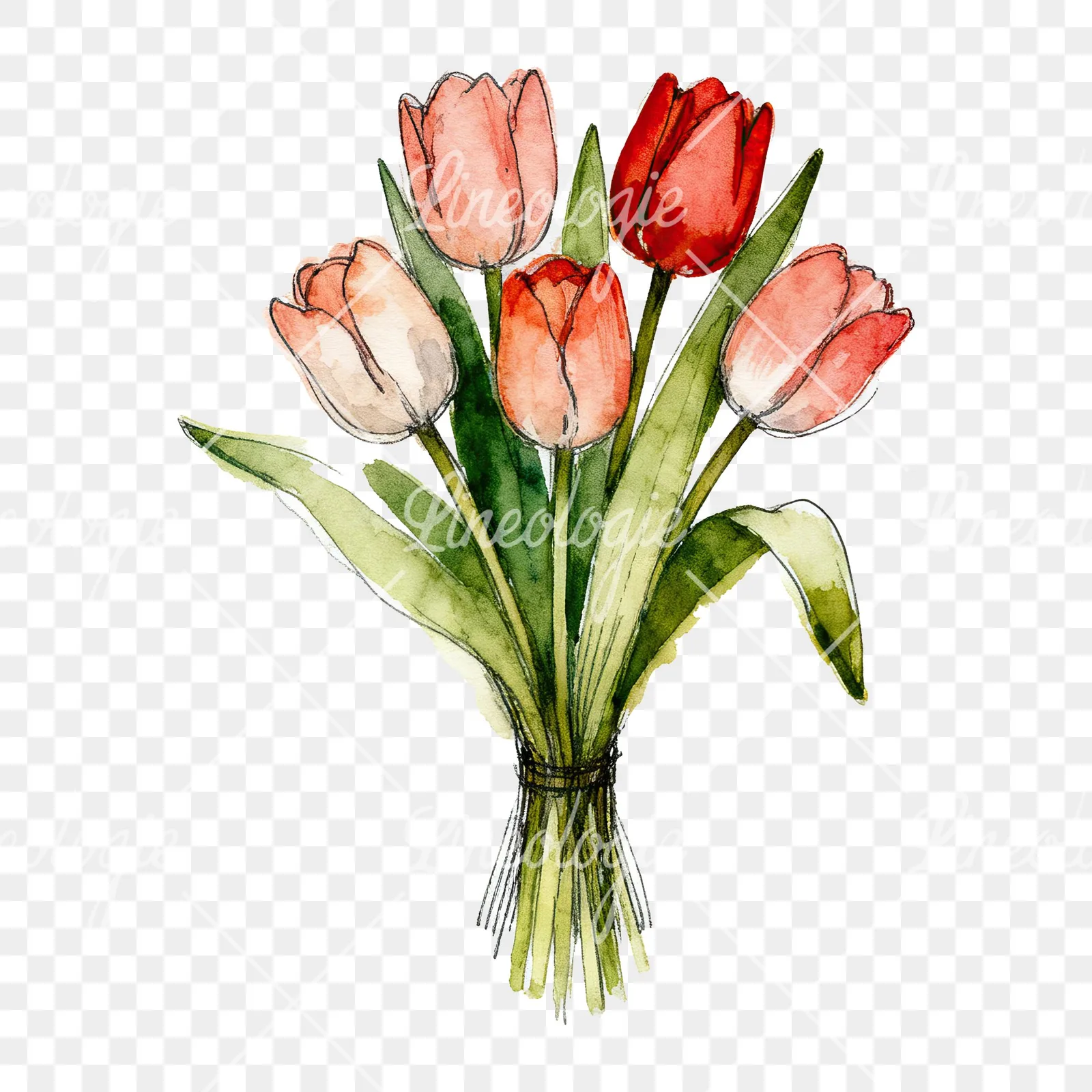 Watercolor red and yellow tulip bouquet clipart 1 of 9 on a transparent background (PNG)