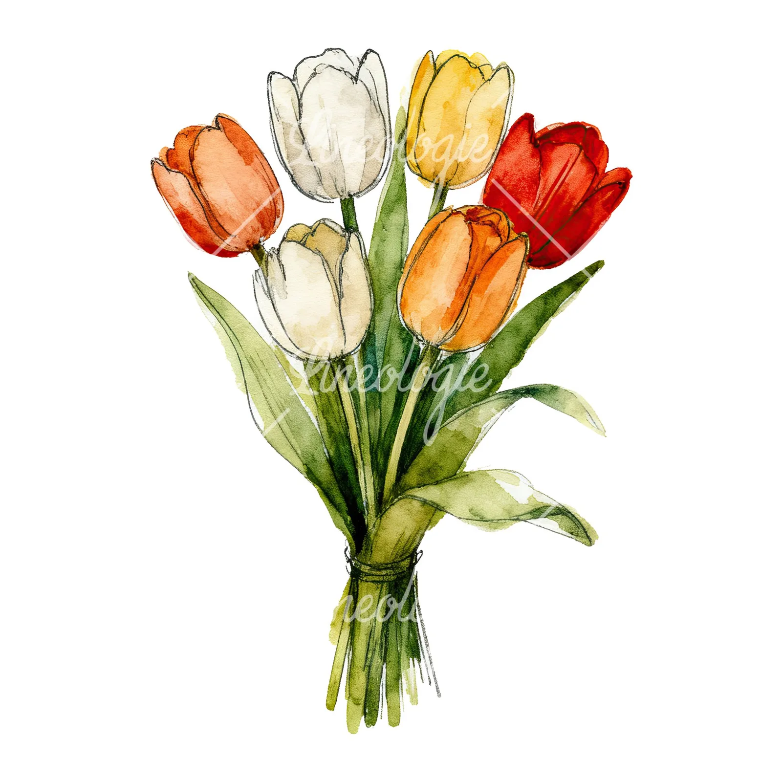 Watercolor red and yellow tulip bouquet clipart 2 of 9 on a white background (JPG)
