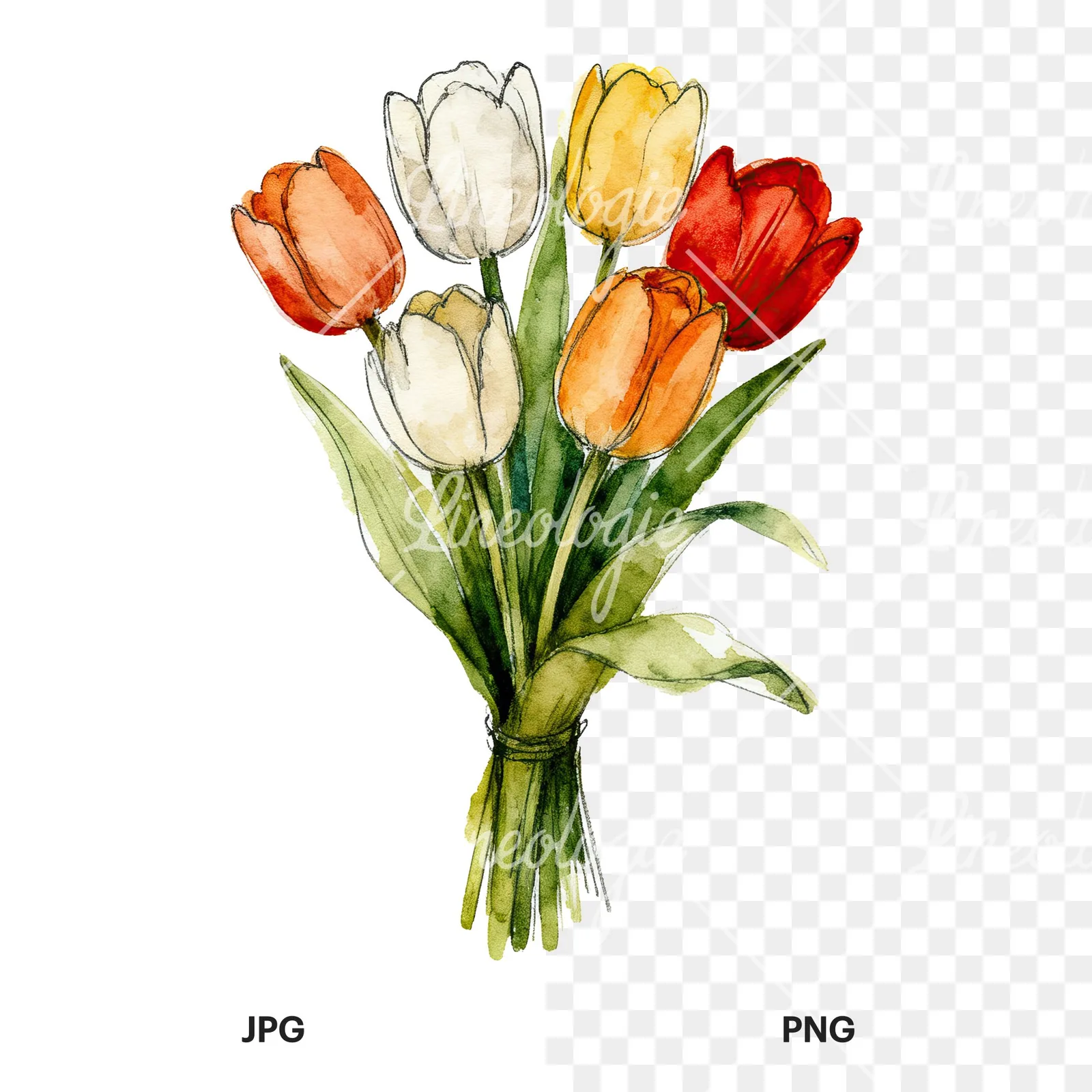 Watercolor red and yellow tulip bouquet clipart 2 of 9, as a JPG on white and a transparent PNG