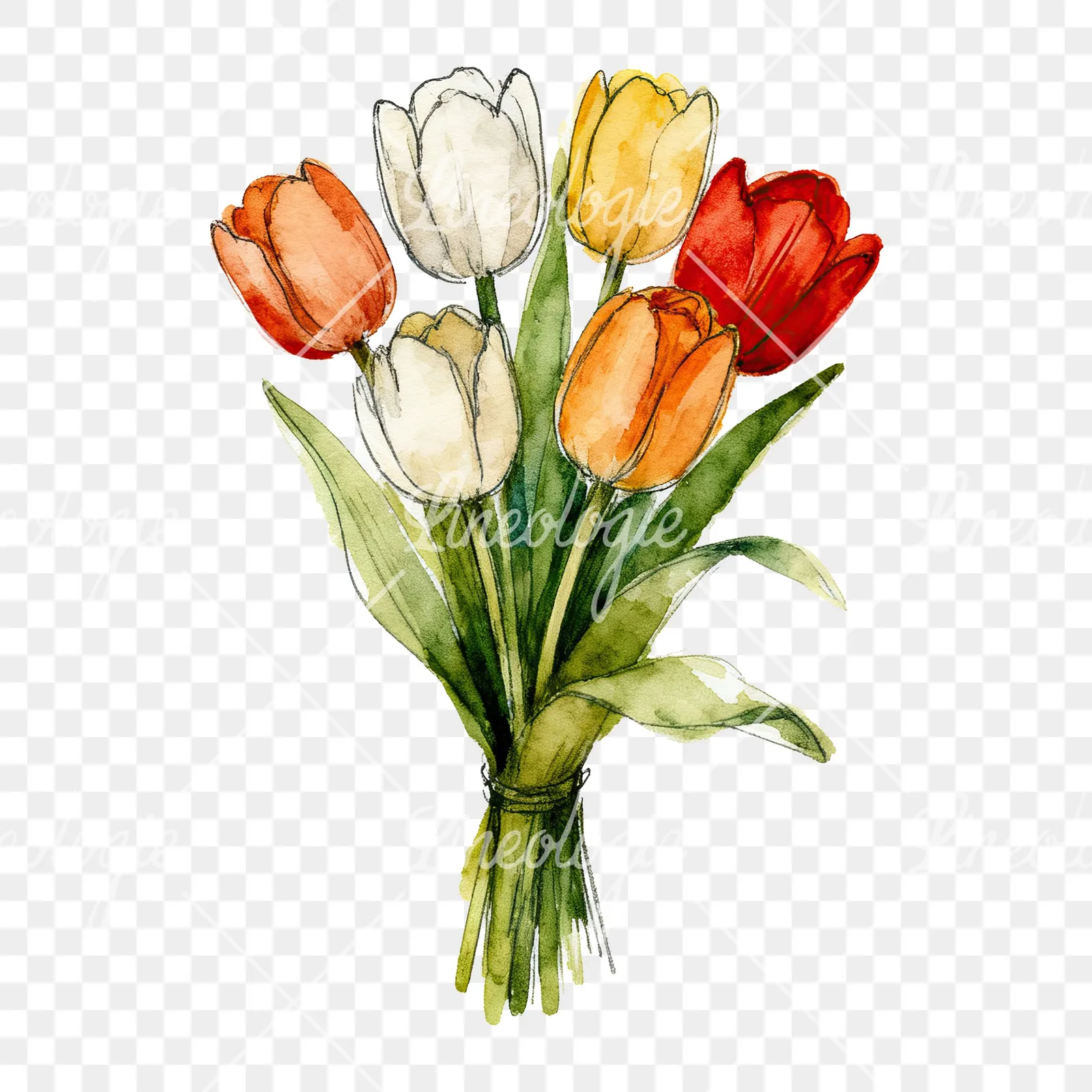 Watercolor red and yellow tulip bouquet clipart 2 of 9 on a transparent background (PNG)
