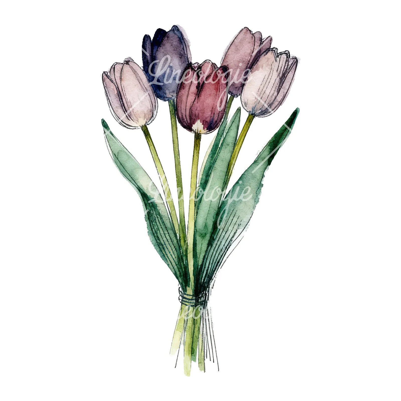 Watercolor red and yellow tulip bouquet clipart 3 of 9 on a white background (JPG)