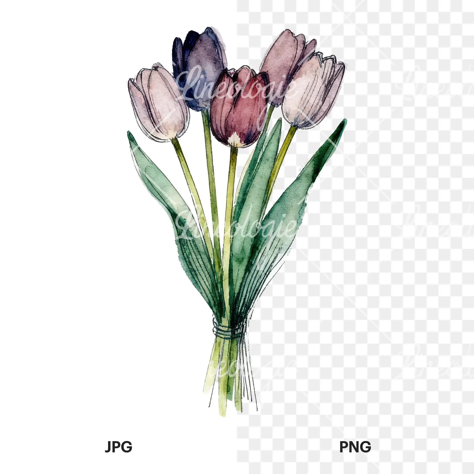 Watercolor red and yellow tulip bouquet clipart 3 of 9, as a JPG on white and a transparent PNG