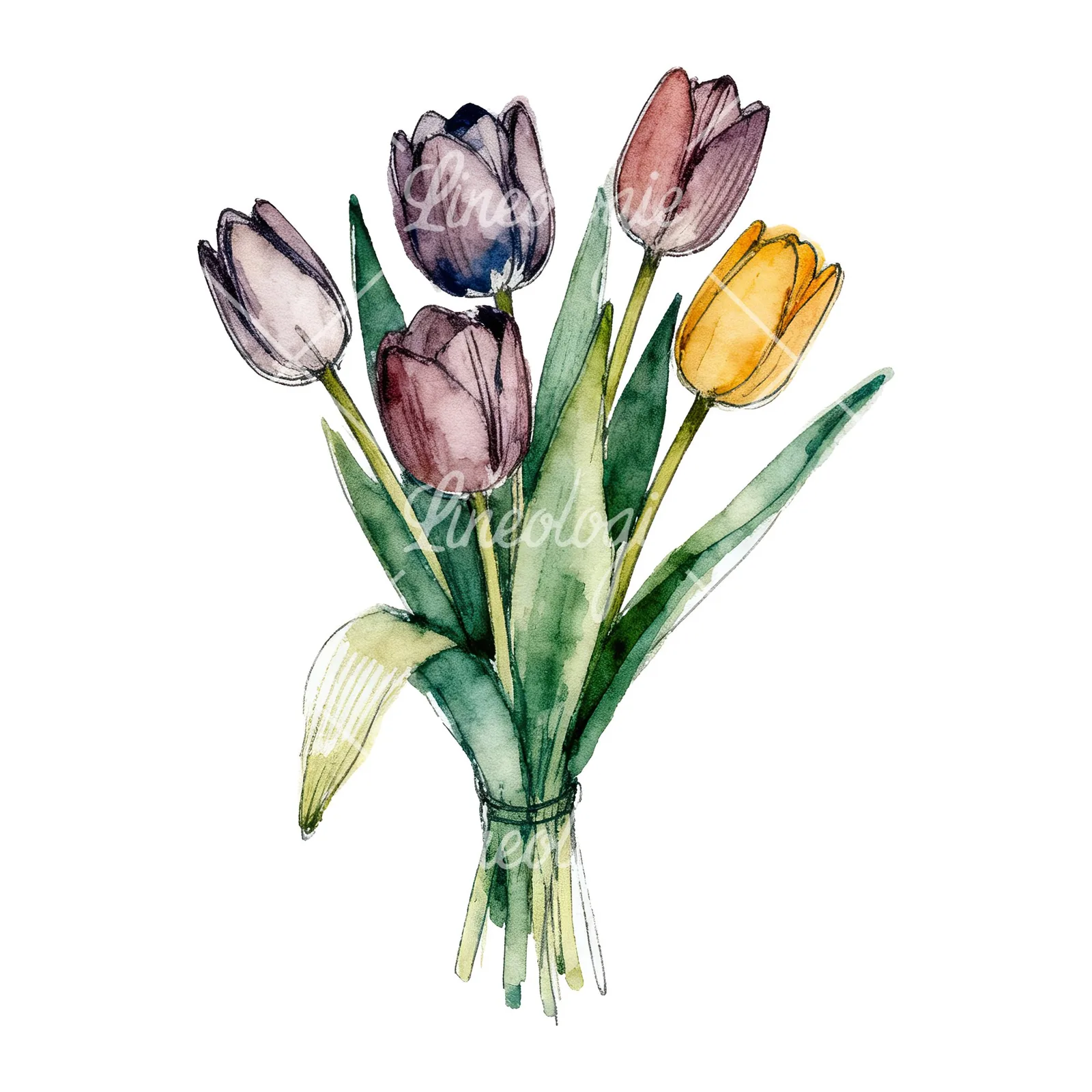 Watercolor red and yellow tulip bouquet clipart 4 of 9 on a white background (JPG)