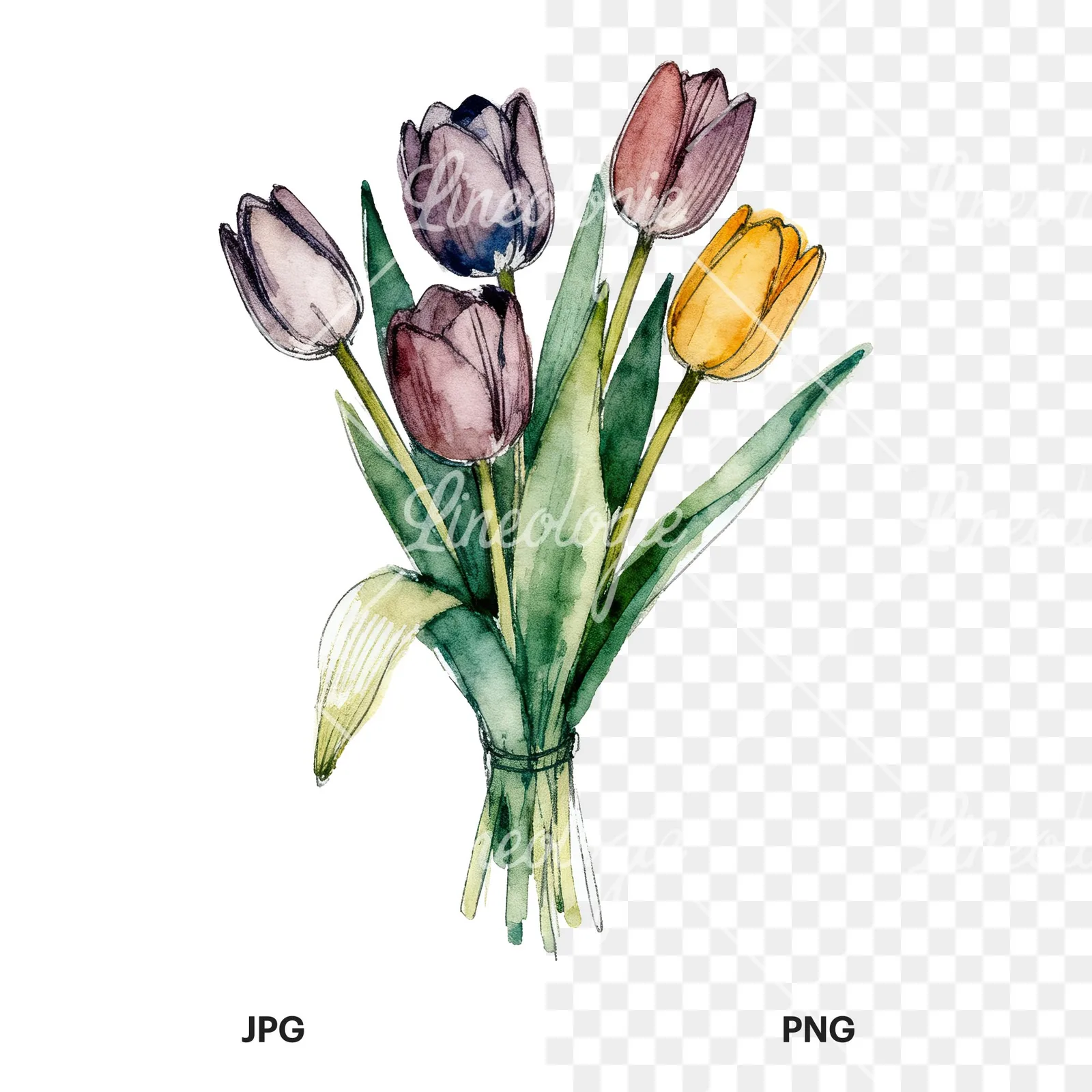 Watercolor red and yellow tulip bouquet clipart 4 of 9, as a JPG on white and a transparent PNG