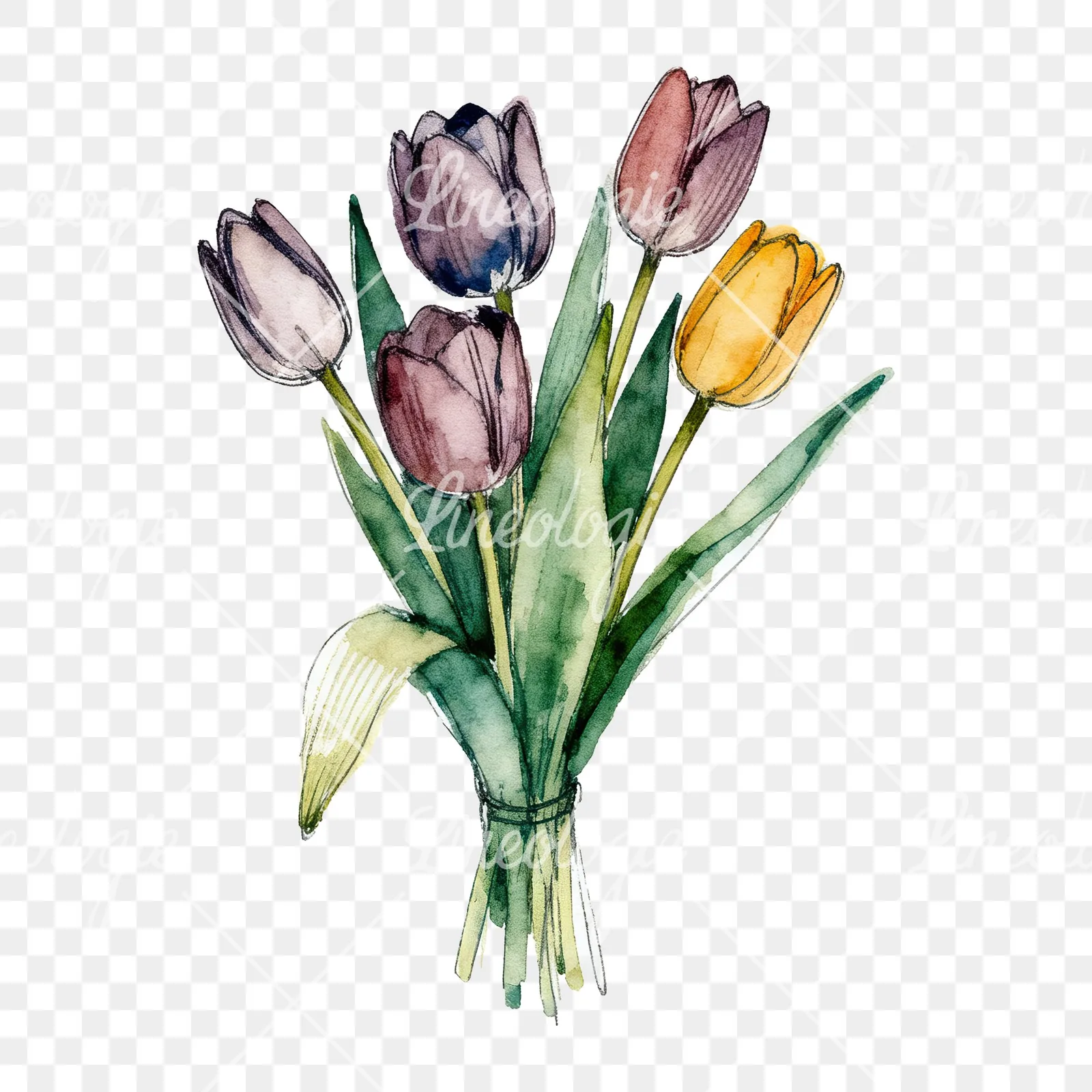 Watercolor red and yellow tulip bouquet clipart 4 of 9 on a transparent background (PNG)