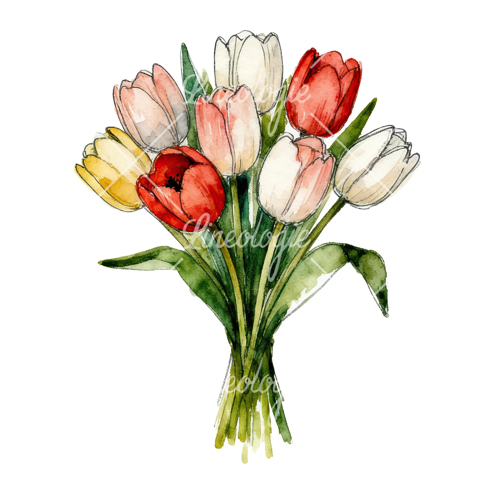 Watercolor red and yellow tulip bouquet clipart 5 of 9 on a white background (JPG)