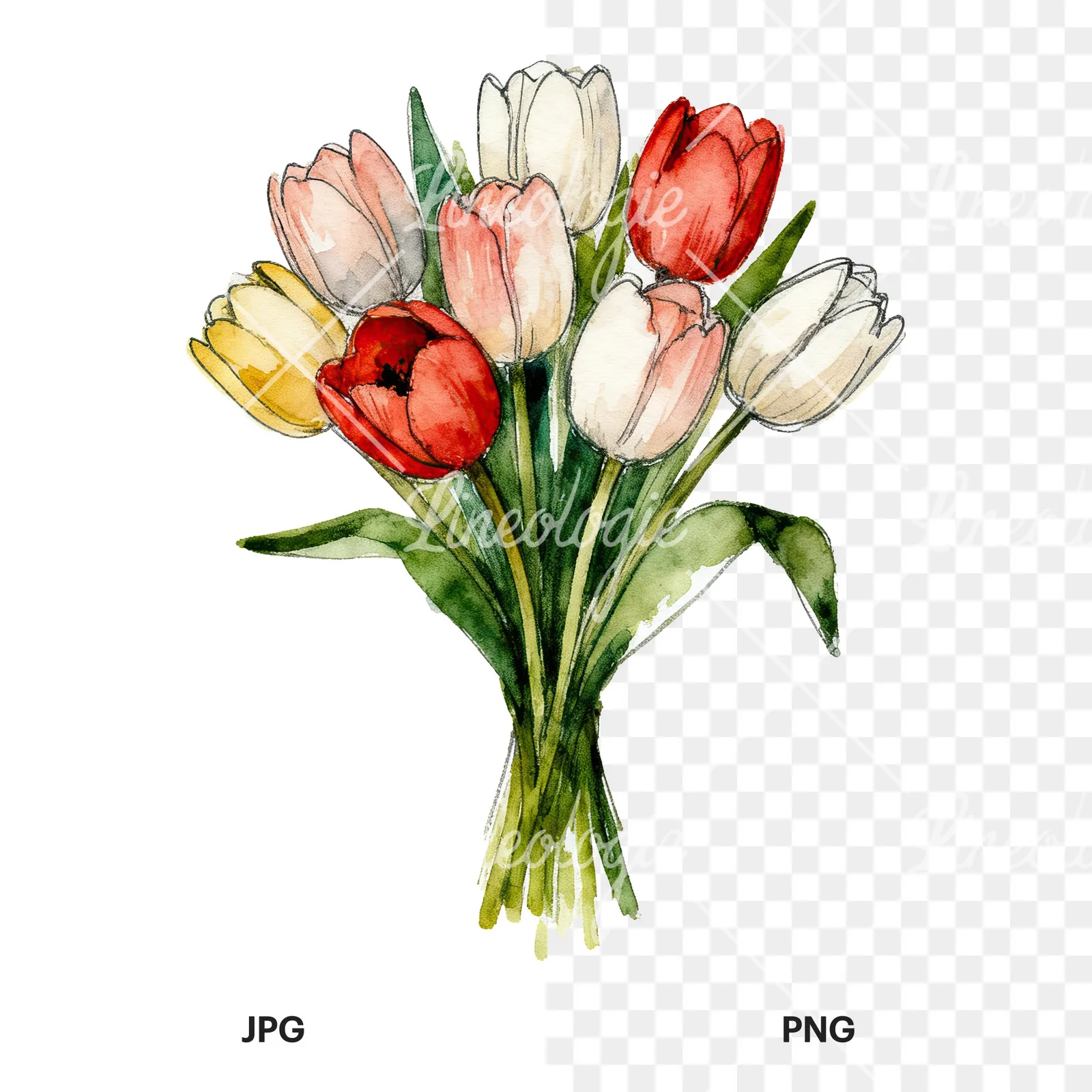 Watercolor red and yellow tulip bouquet clipart 5 of 9, as a JPG on white and a transparent PNG