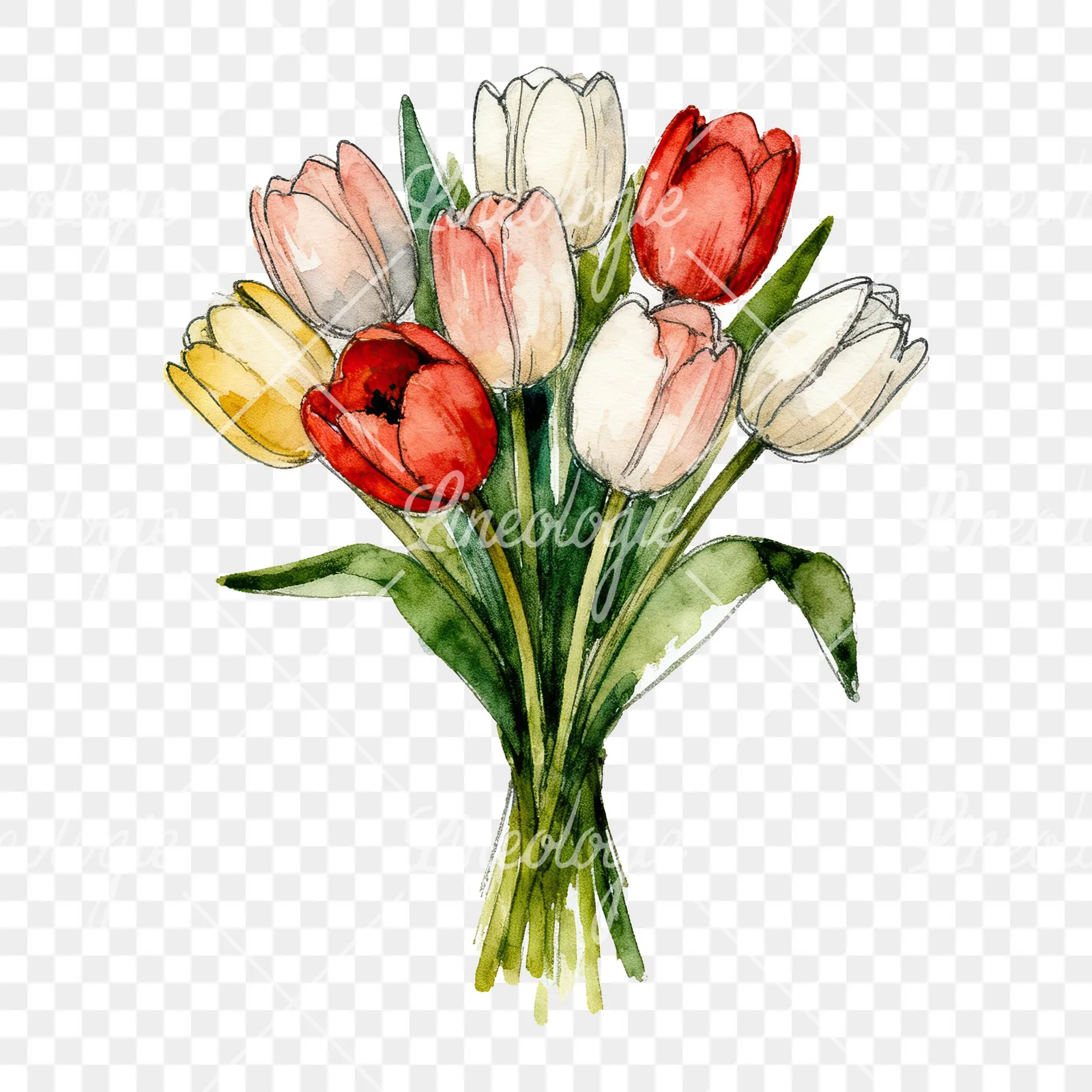Watercolor red and yellow tulip bouquet clipart 5 of 9 on a transparent background (PNG)