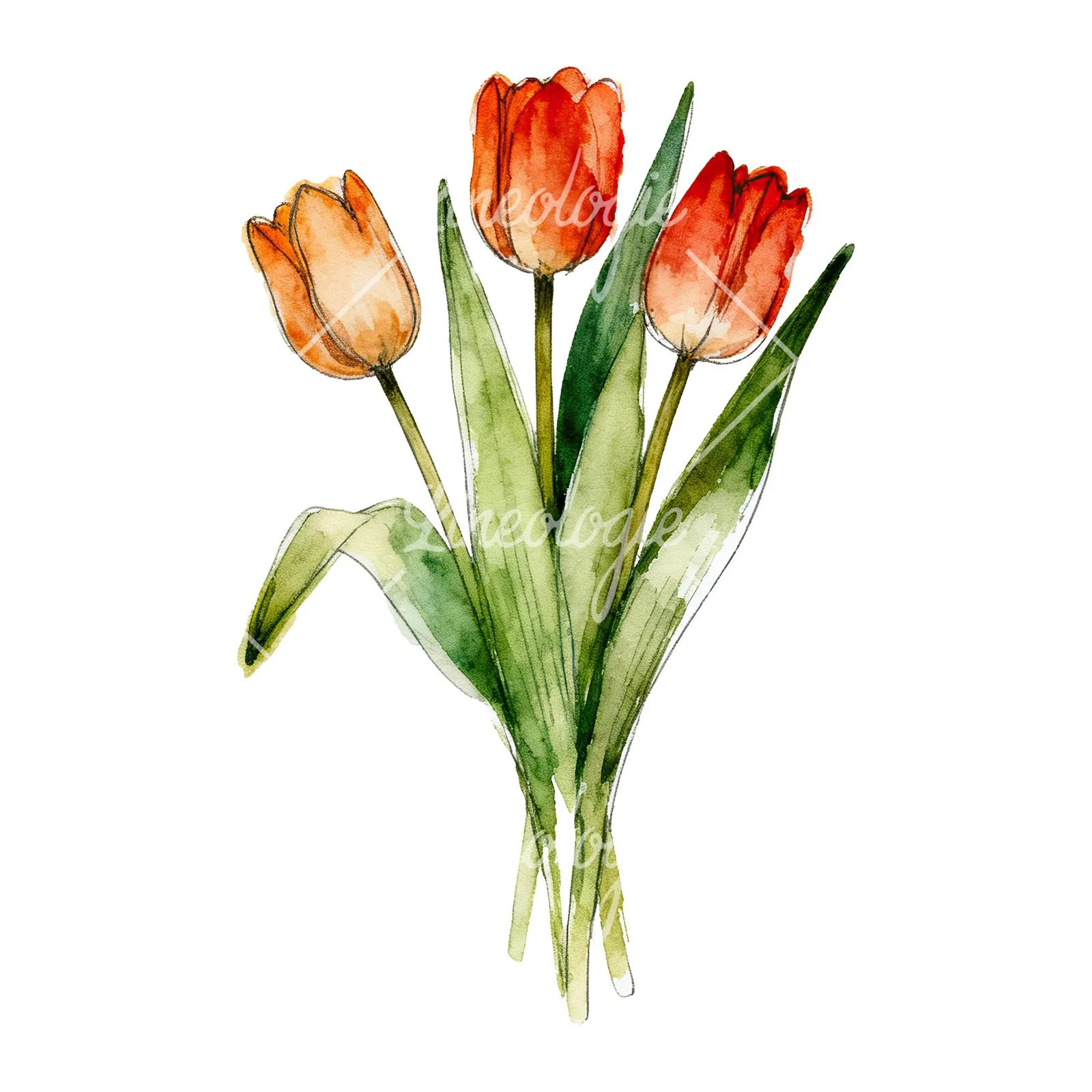 Watercolor red and yellow tulip bouquet clipart 6 of 9 on a white background (JPG)
