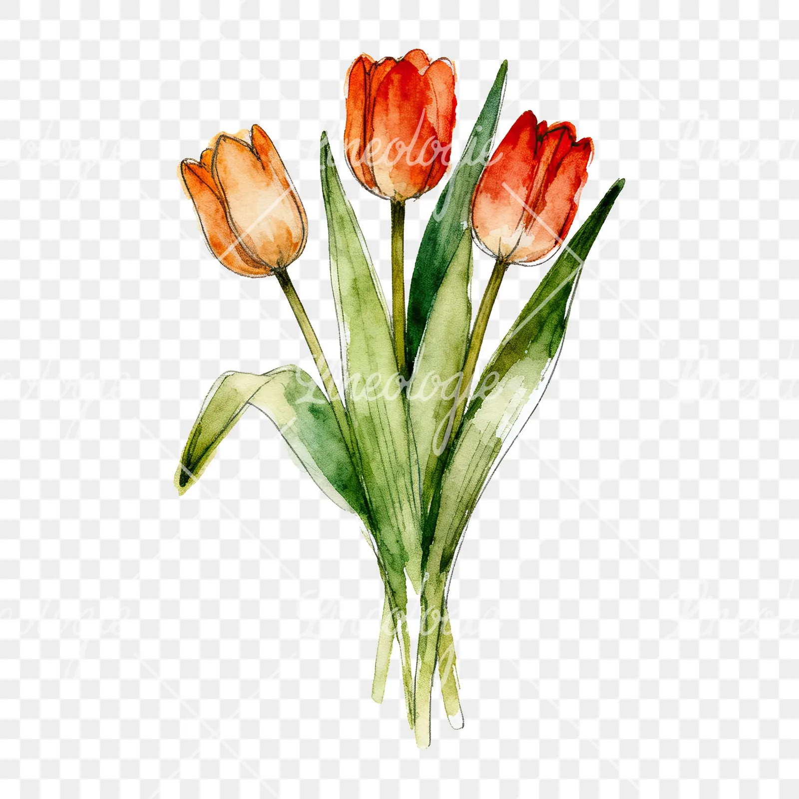 Watercolor red and yellow tulip bouquet clipart 6 of 9 on a transparent background (PNG)