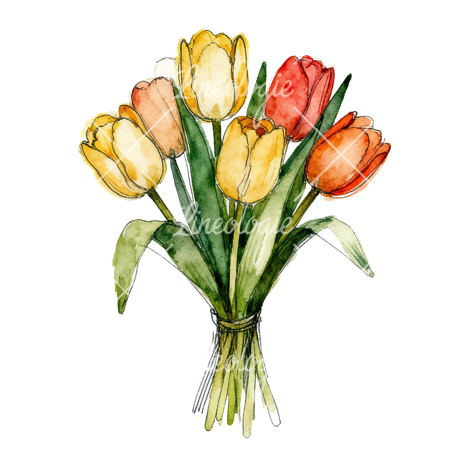 Watercolor red and yellow tulip bouquet clipart 7 of 9 on a white background (JPG)