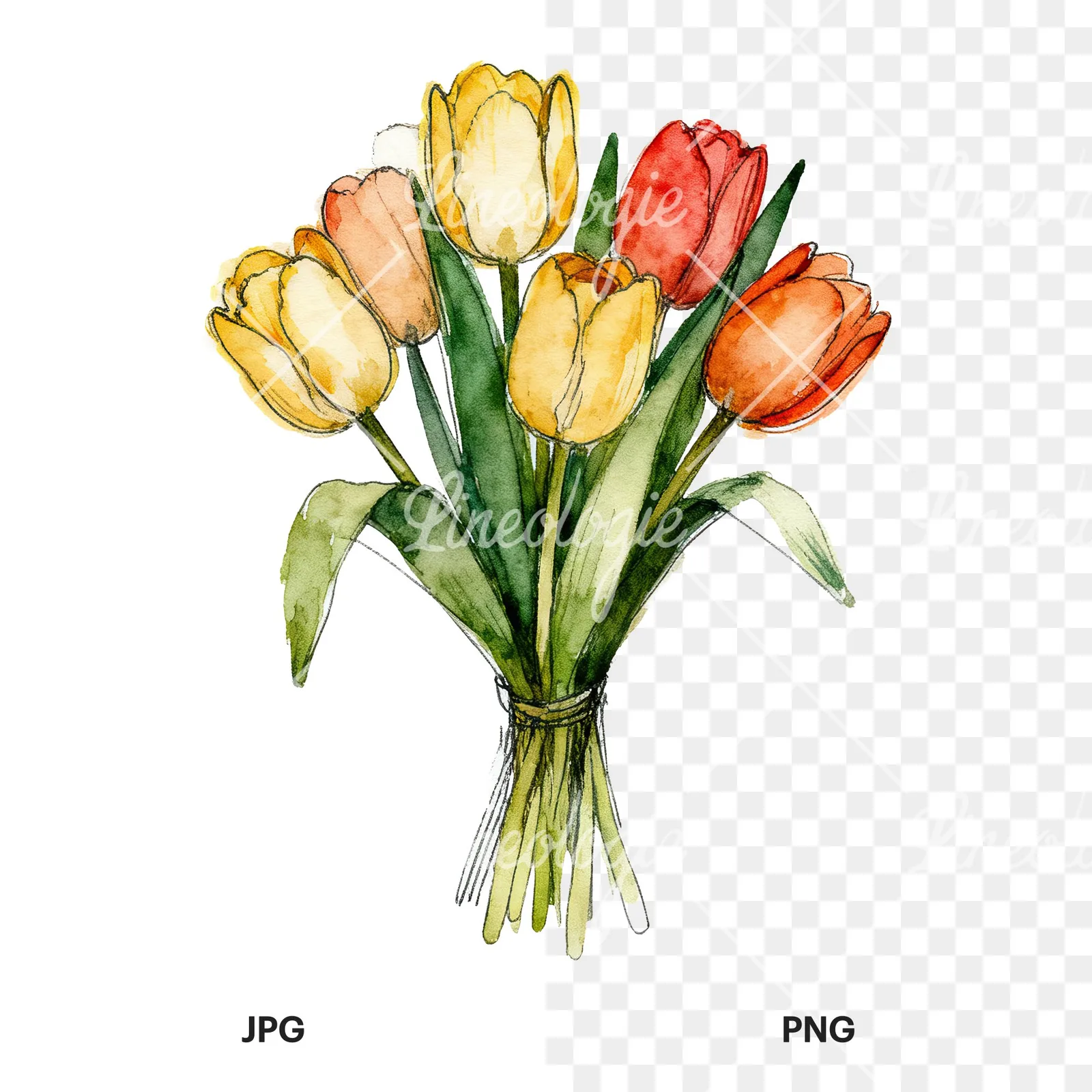 Watercolor red and yellow tulip bouquet clipart 7 of 9, as a JPG on white and a transparent PNG
