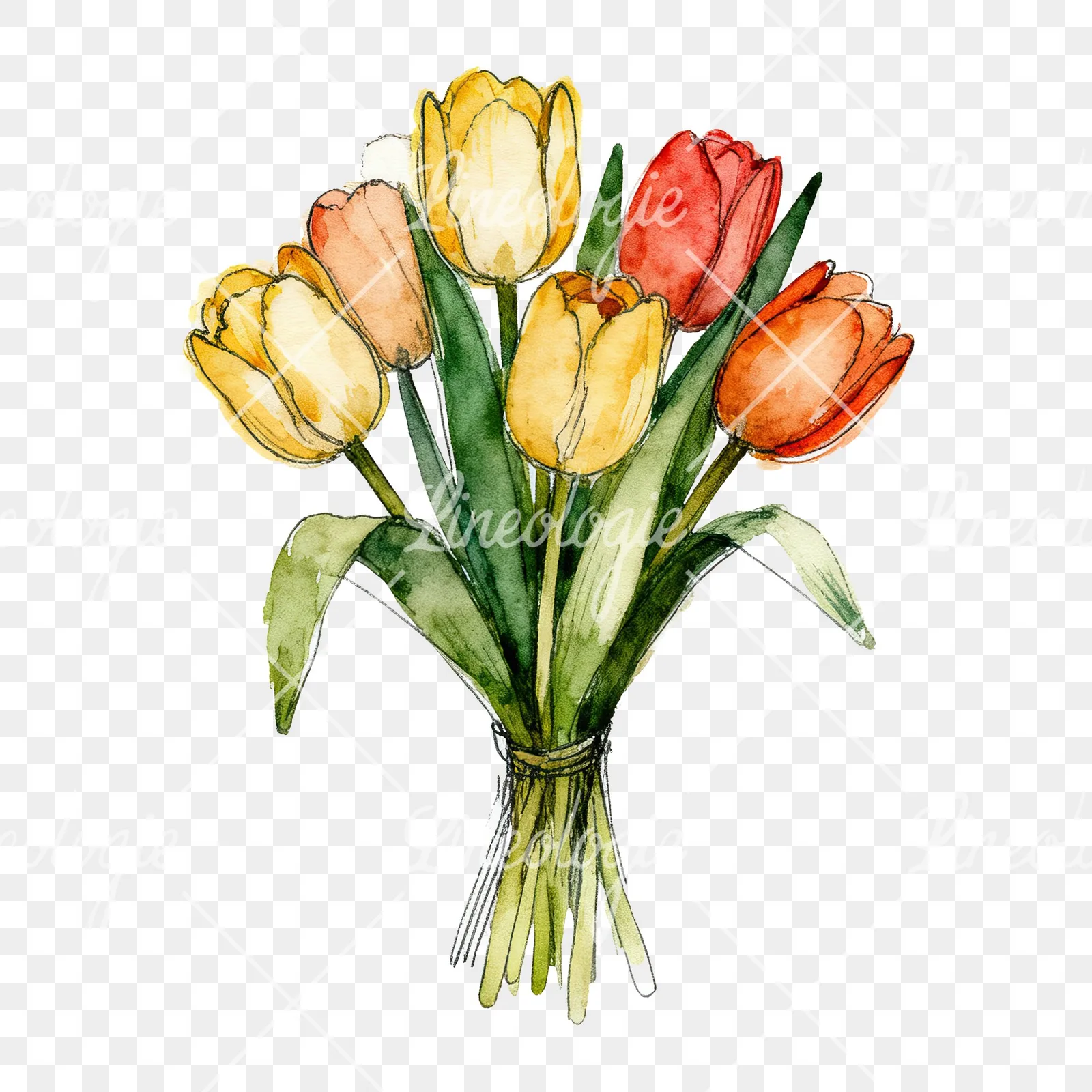 Watercolor red and yellow tulip bouquet clipart 7 of 9 on a transparent background (PNG)