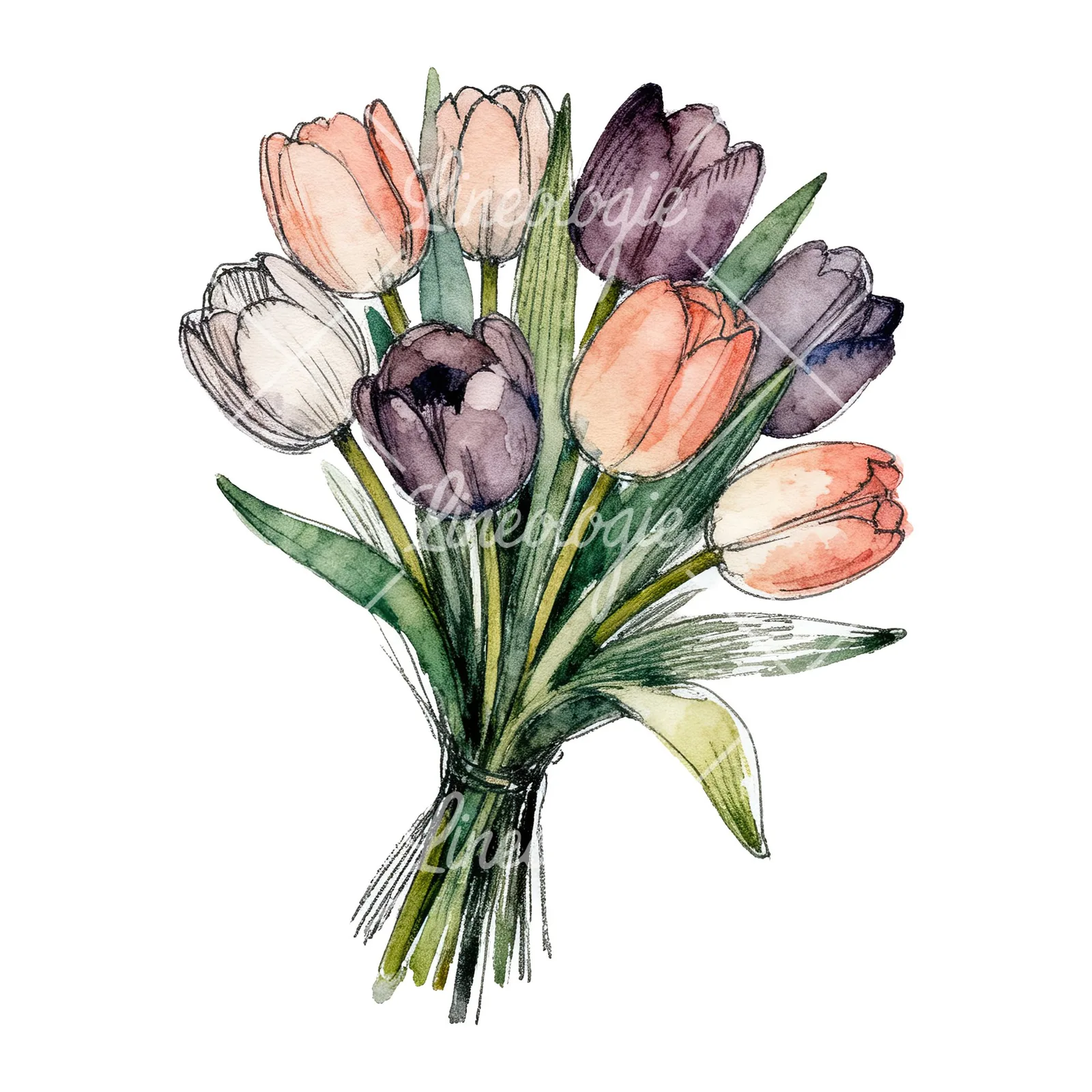 Watercolor red and yellow tulip bouquet clipart 8 of 9 on a white background (JPG)