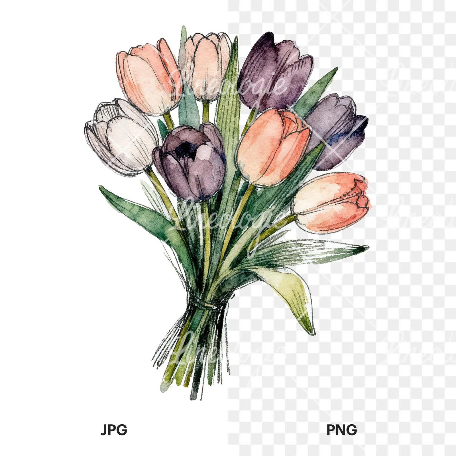 Watercolor red and yellow tulip bouquet clipart 8 of 9, as a JPG on white and a transparent PNG