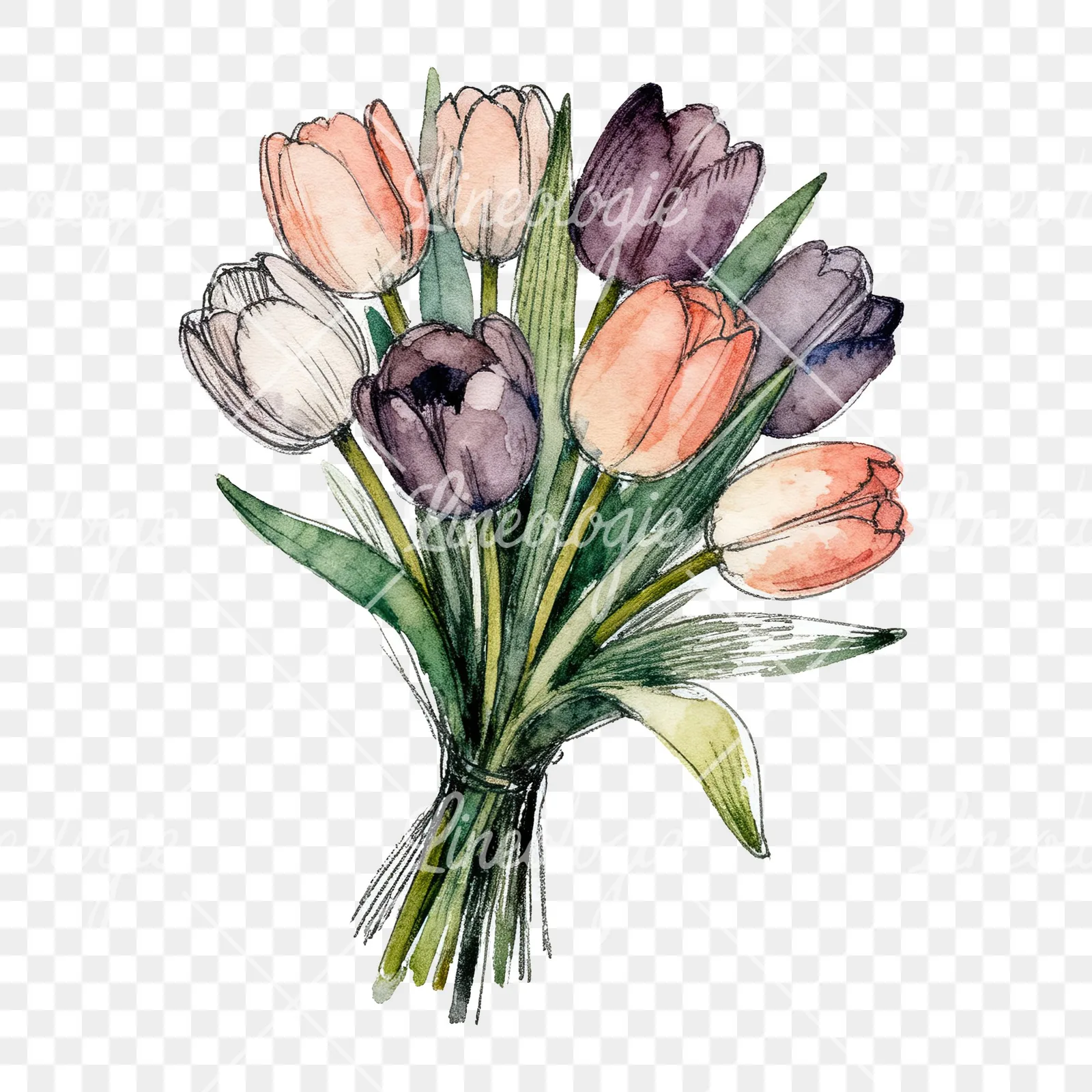 Watercolor red and yellow tulip bouquet clipart 8 of 9 on a transparent background (PNG)