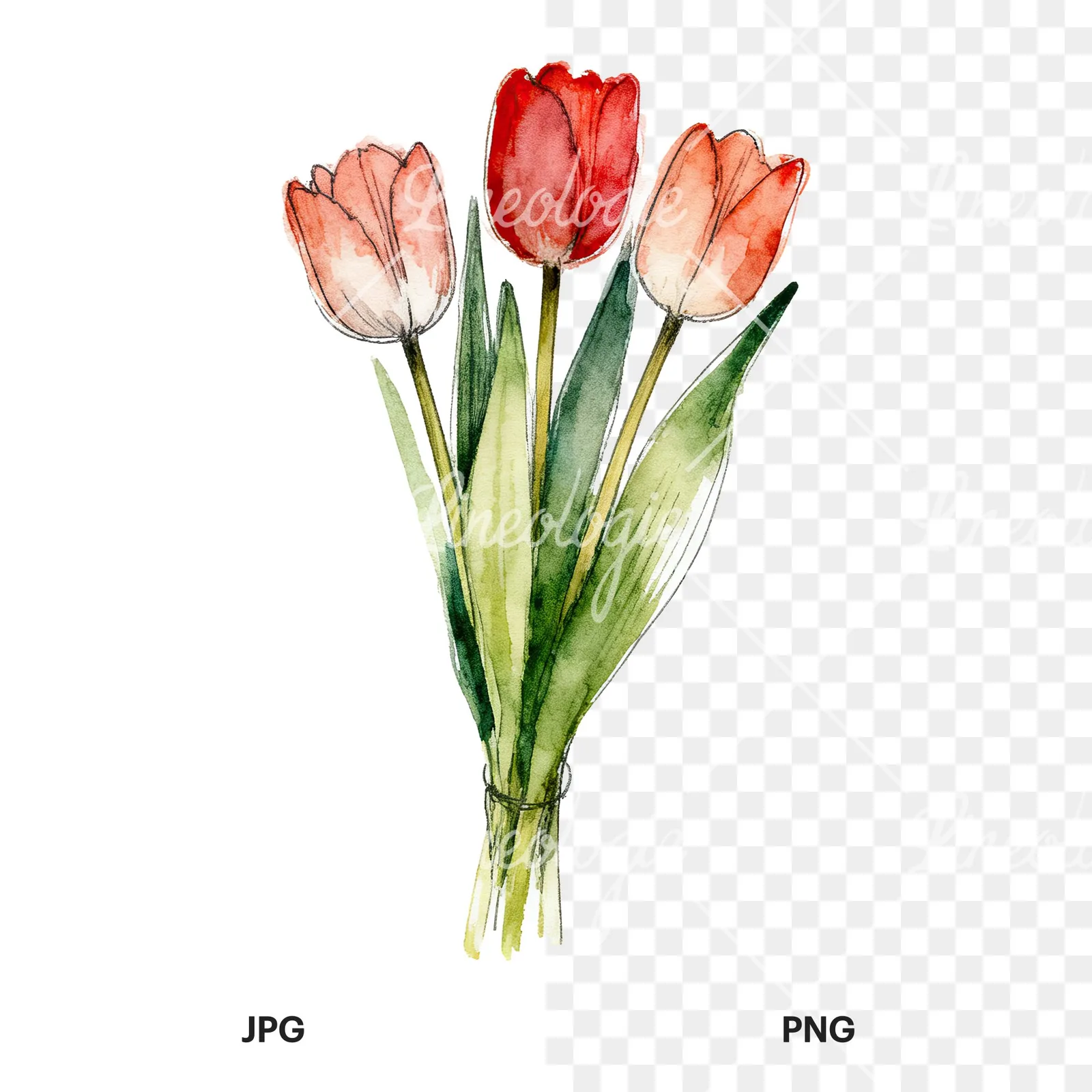 Watercolor red and yellow tulip bouquet clipart 9 of 9, as a JPG on white and a transparent PNG