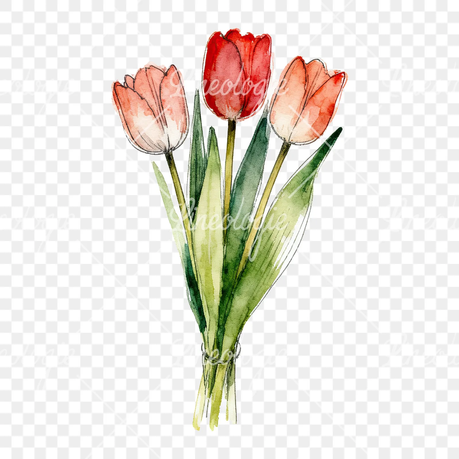 Watercolor red and yellow tulip bouquet clipart 9 of 9 on a transparent background (PNG)