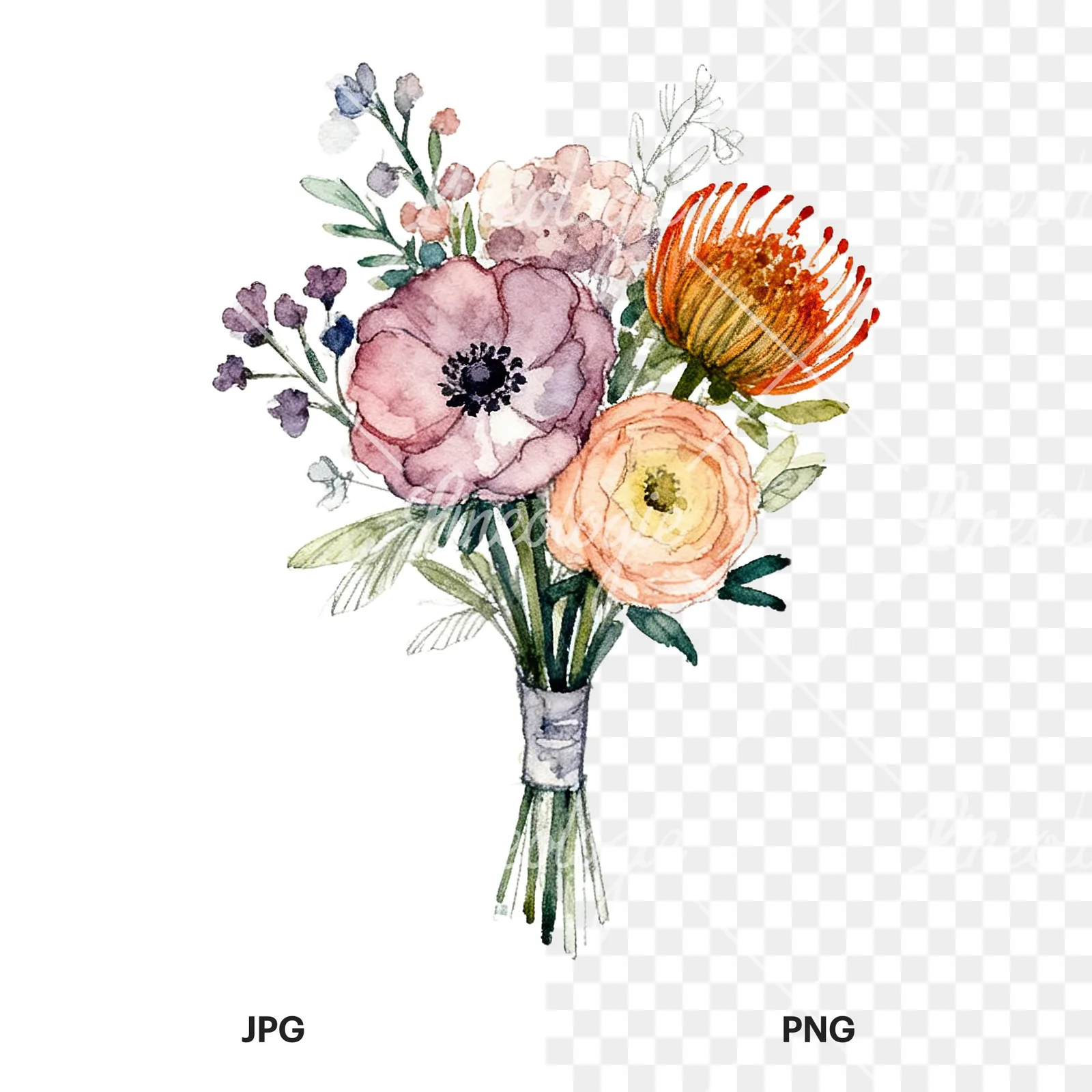Watercolor blue accent wedding bouquet clipart 1 of 9, as a JPG on white and a transparent PNG