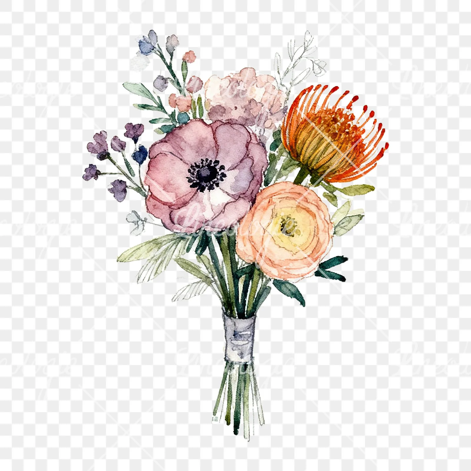 Watercolor blue accent wedding bouquet clipart 1 of 9 on a transparent background (PNG)