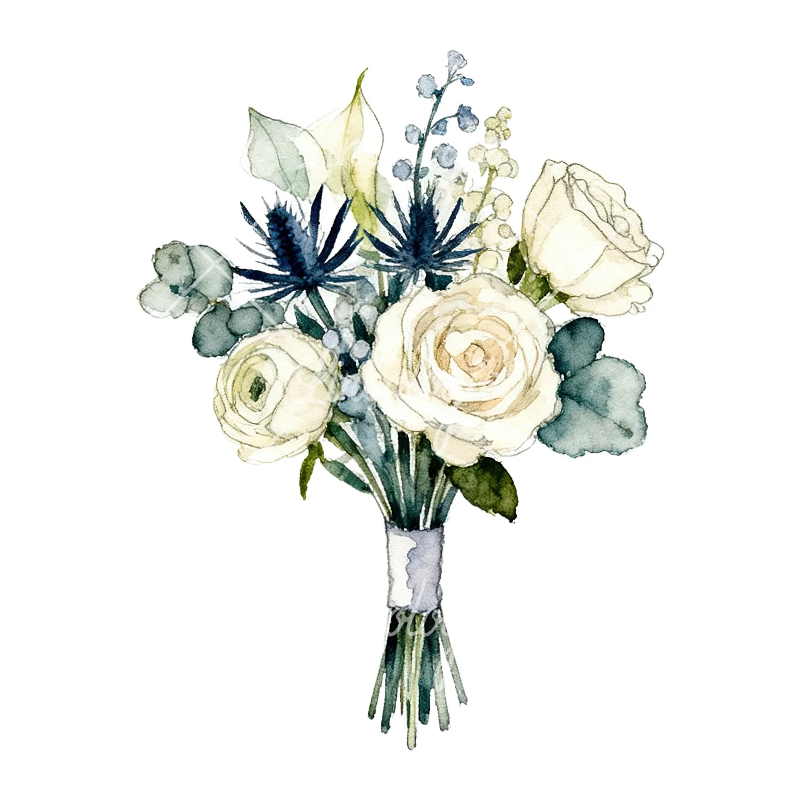 Watercolor blue accent wedding bouquet clipart 2 of 9 on a white background (JPG)