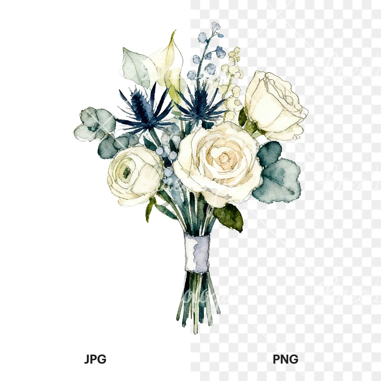 Watercolor blue accent wedding bouquet clipart 2 of 9, as a JPG on white and a transparent PNG