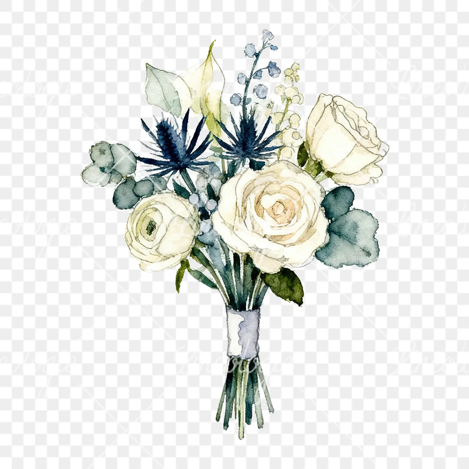 Watercolor blue accent wedding bouquet clipart 2 of 9 on a transparent background (PNG)