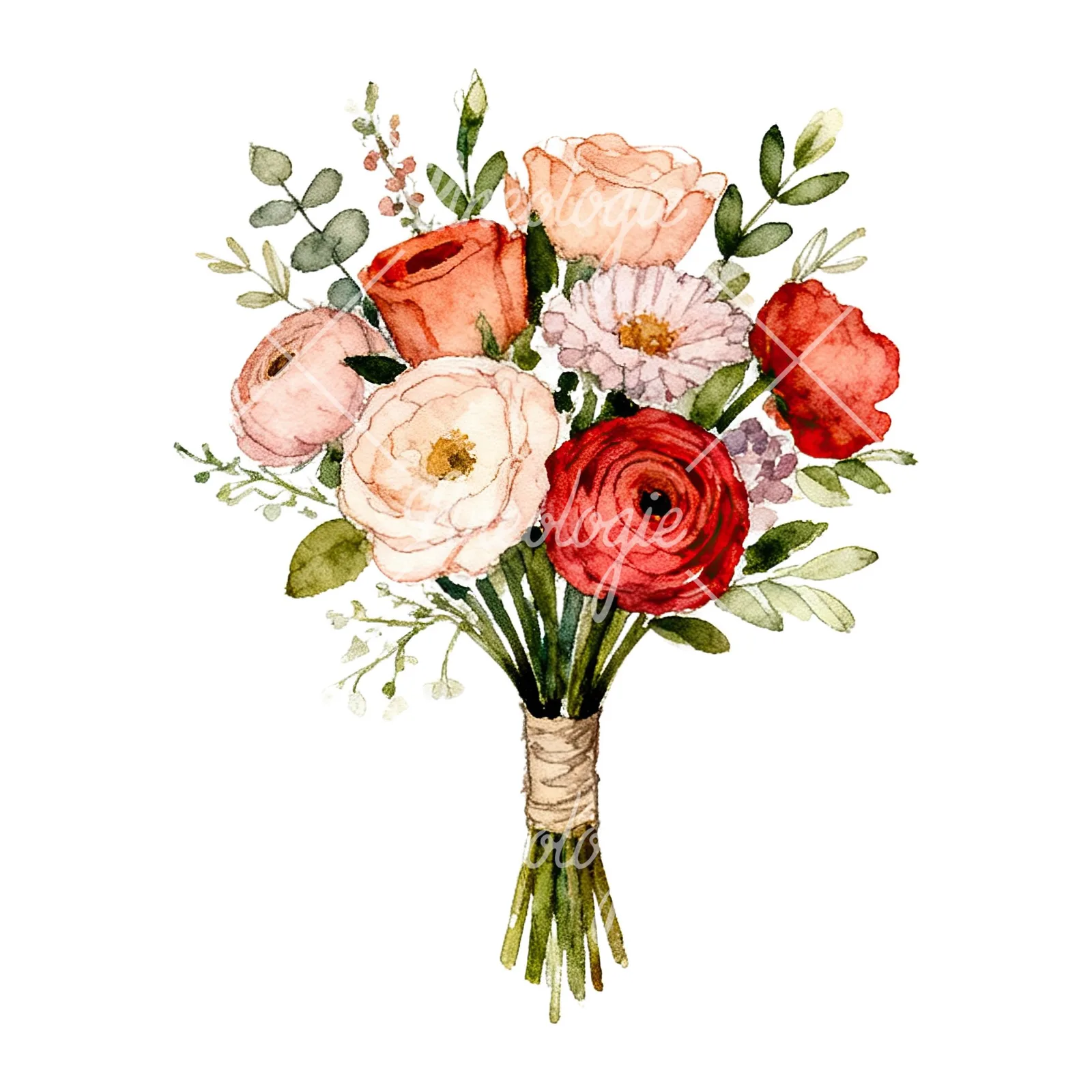 Watercolor blue accent wedding bouquet clipart 3 of 9 on a white background (JPG)