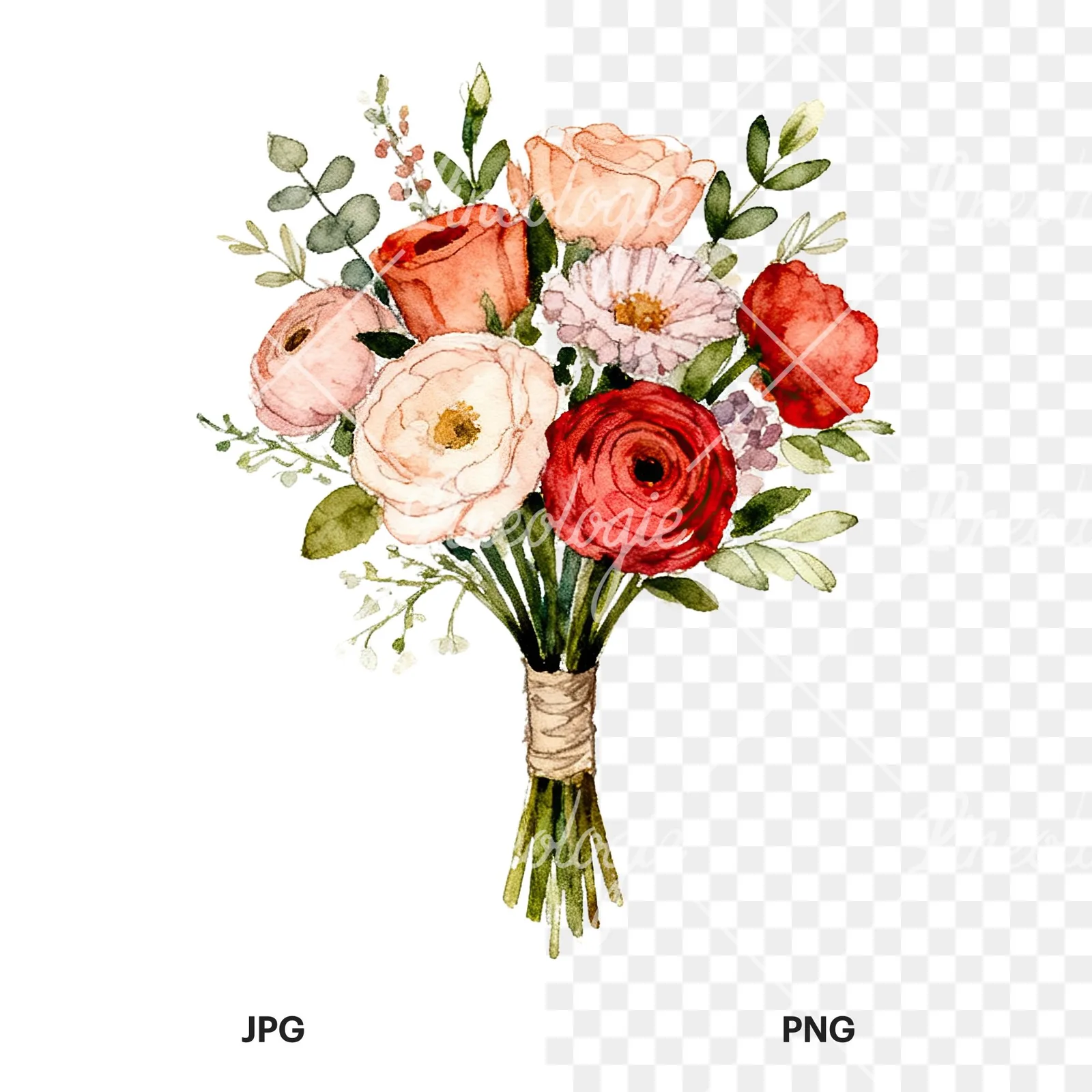 Watercolor blue accent wedding bouquet clipart 3 of 9, as a JPG on white and a transparent PNG